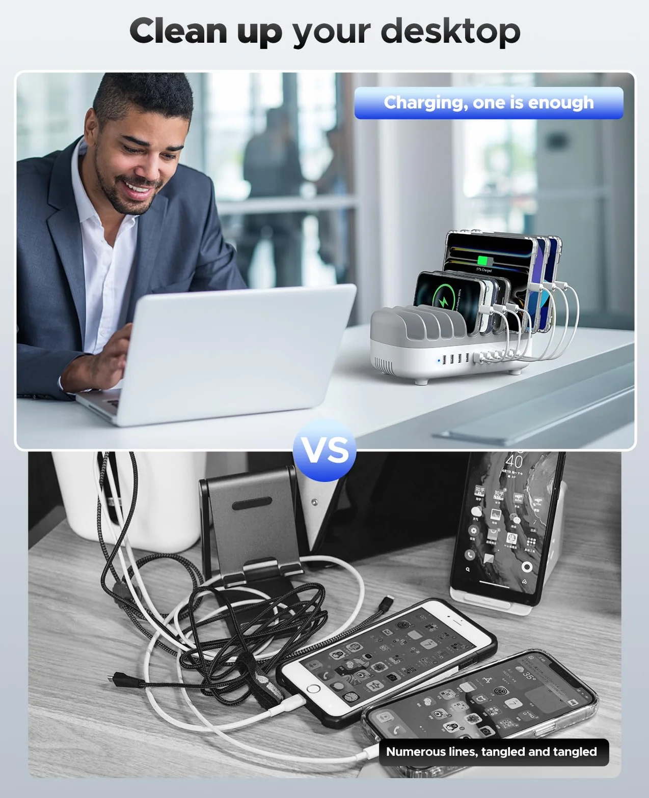 ORICO 120W Charging Station for Multiple Devices, New Upgrade 10 Ports Smart USB Charging Station, Compatible with iPhone 15/14/13/12，iPads, Android Phone and Tablets (With 10 Charging Cables White)