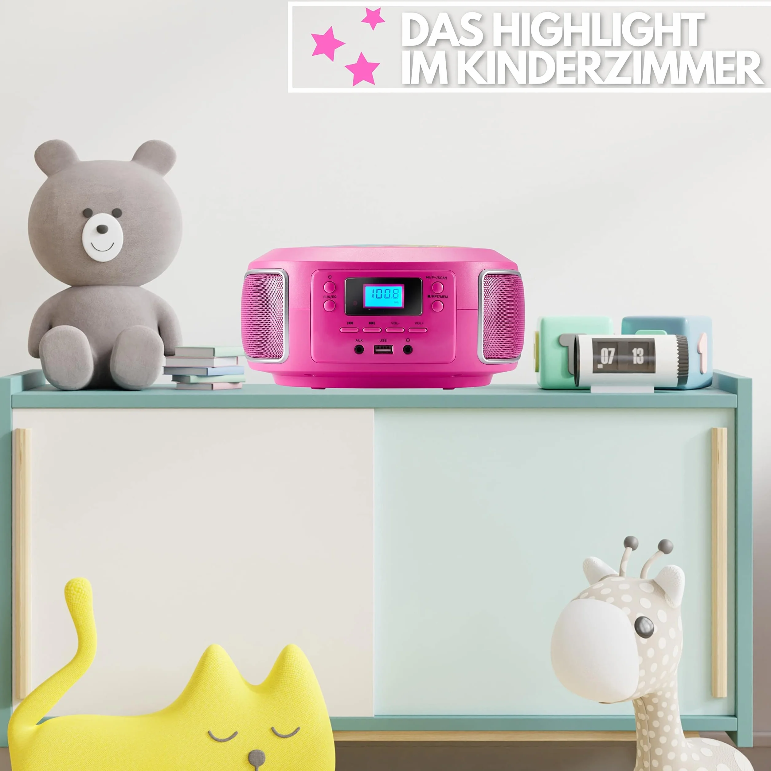 Przenośny Boombox z radiem FM, AUX-in, CD/CD-R, USB, złącze słuchawkowe - kompaktowy zestaw stereo dla dzieci