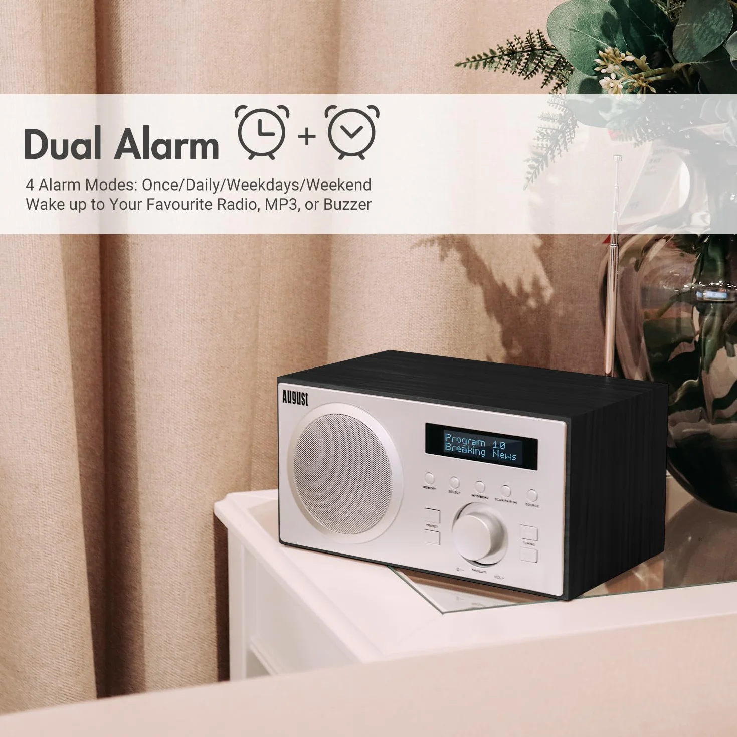 August MB420 Radio DAB+/FM z Bluetooth cyfrowe radio kuchenne z drewnianą obudową z funkcją RDS, 60 ustawień Hifi Bluetooth 5 W – budzik radiowy z funkcją drzemki – USB/Aux-In/Aux-Out
