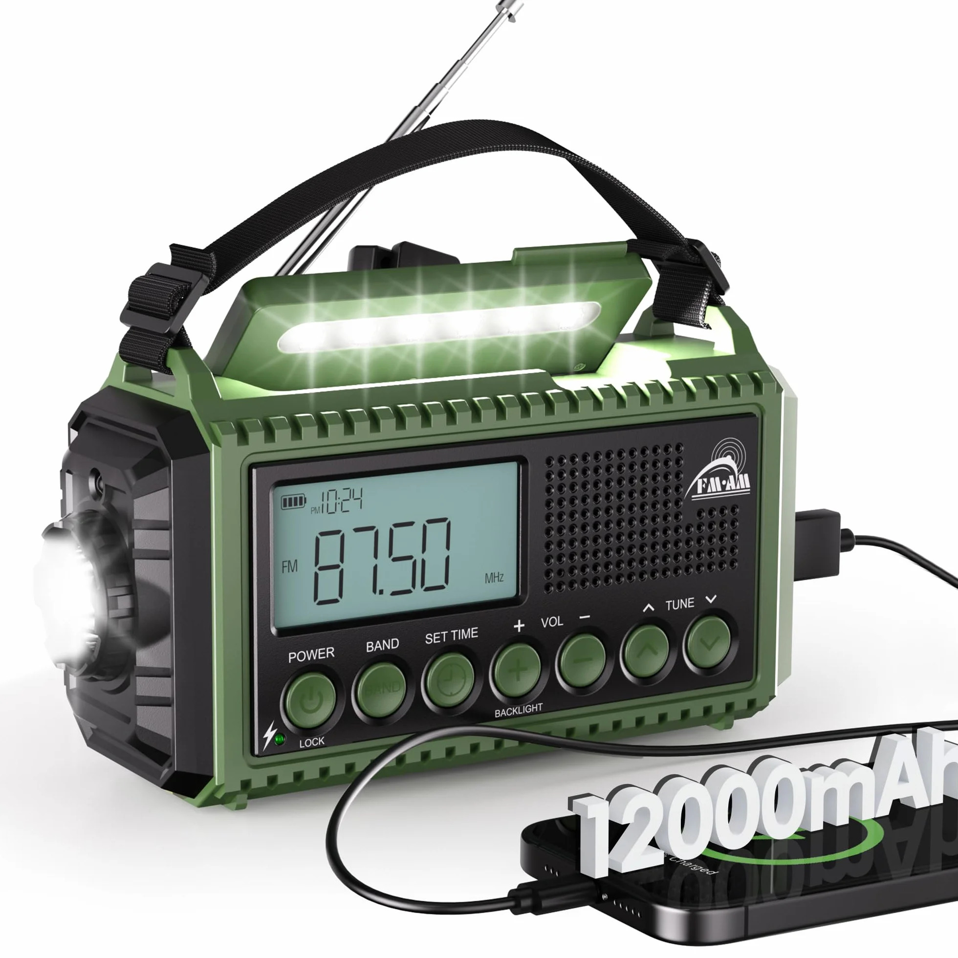 Mesqool radio korbowe z powerbankiem 12000mAh, radio AM/FM/SW awaryjne z odbiornikiem światowym, latarka i światło do czytania, przenośne radio kempingowe z łącznikiem typu C, radio dynamo z alarmem