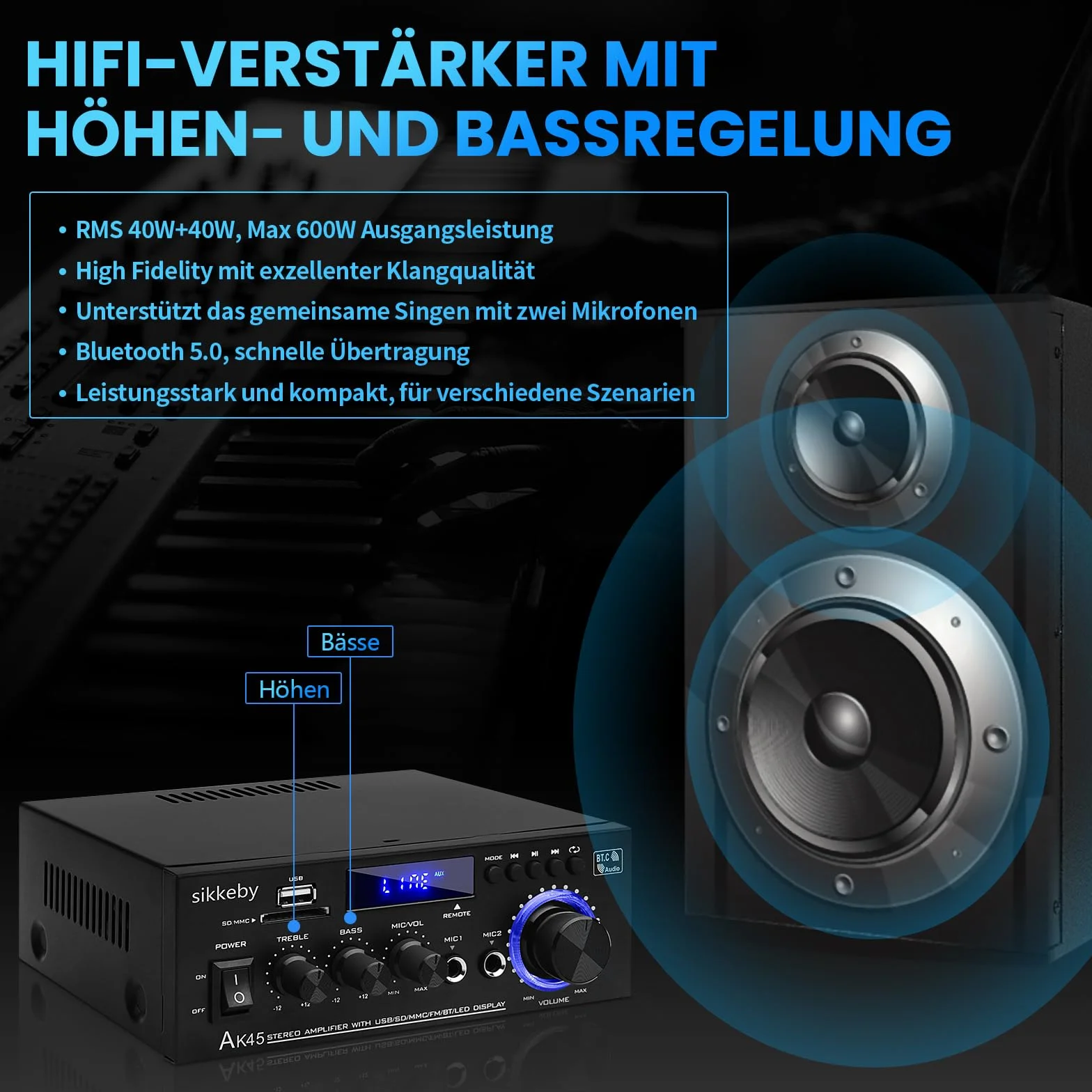 Wzmacniacz HIFI AK45 600W Bluetooth Stereo 2-kanałowy 12V/220V Radio FM SD USB