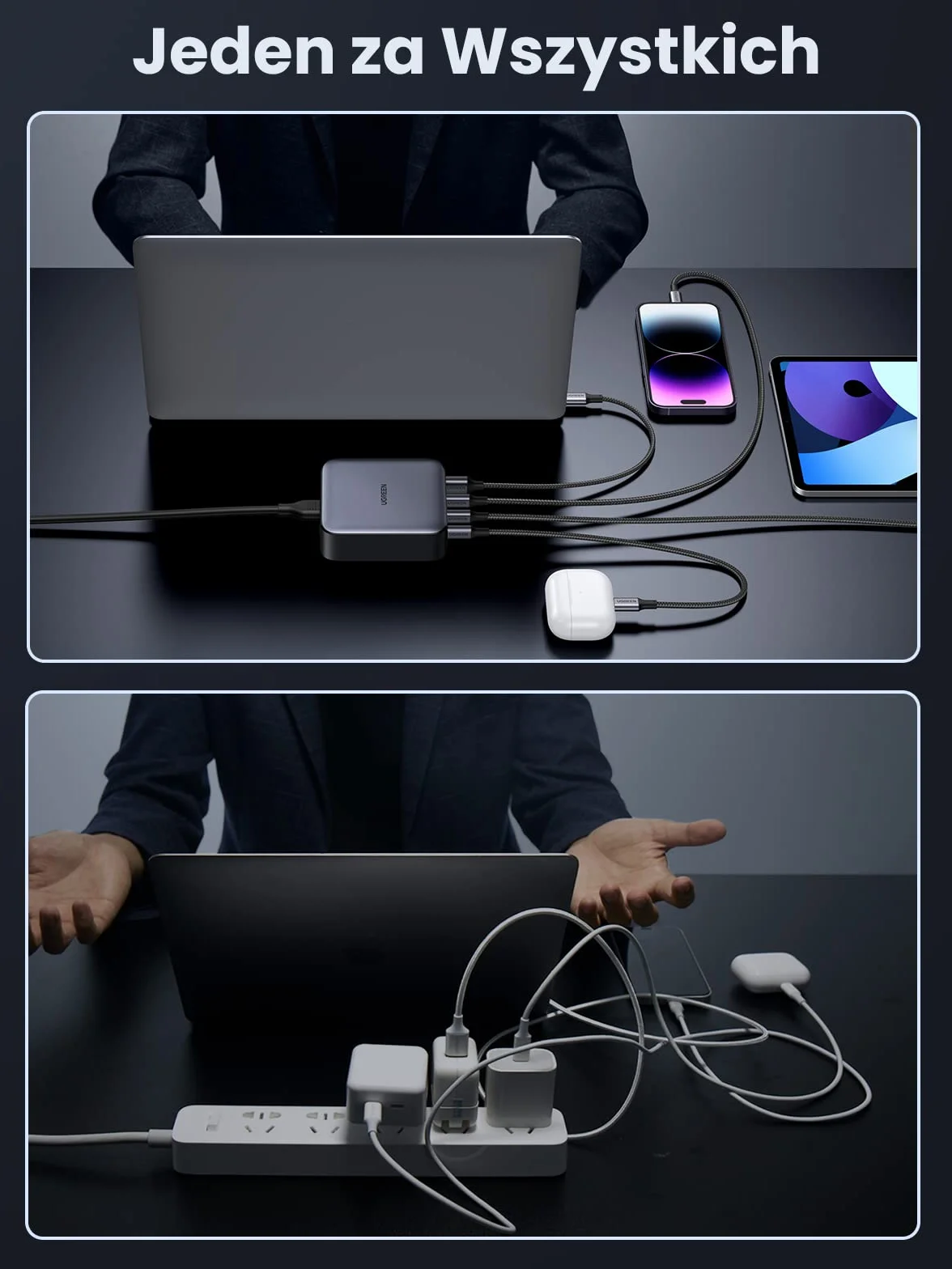 UGREEN Nexode 100 W, szybka ładowarka USB C, 4 porty biurkowe z GaN II Tech, kompatybilna z iPhone 16 Plus Pro Max 15, 14, 13, 12, MacBook Pro, Air, iPad, Galaxy S24 Ultra Plus, 2M Kabel zasilający w