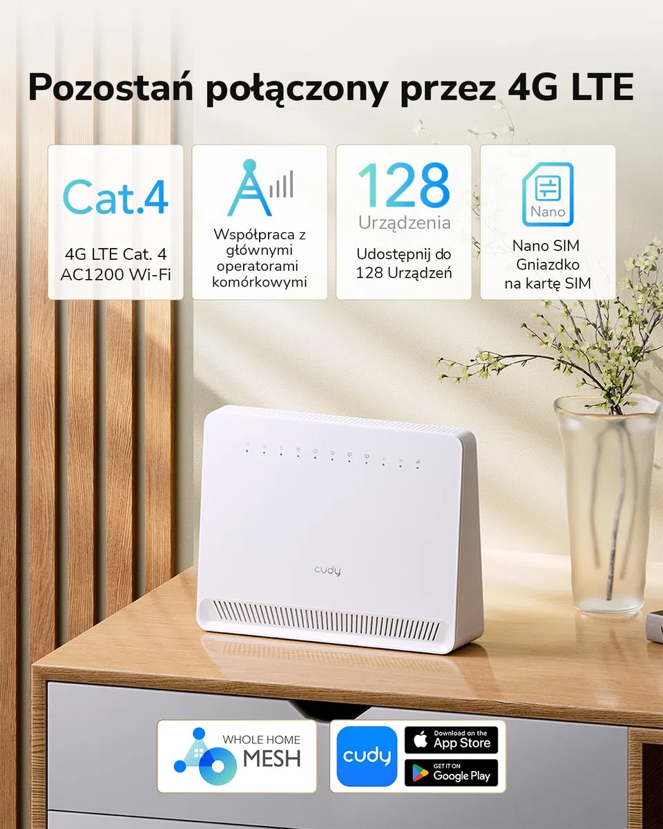Cudy Odblokowany router 4G LTE Cat 4 Fast Modem z gniazdem na kartę SIM, AC1200 WiFi, OpenVPN, Wireguard, IPsec, klient VPN, anteny wewnętrzne, Mesh, LT500E