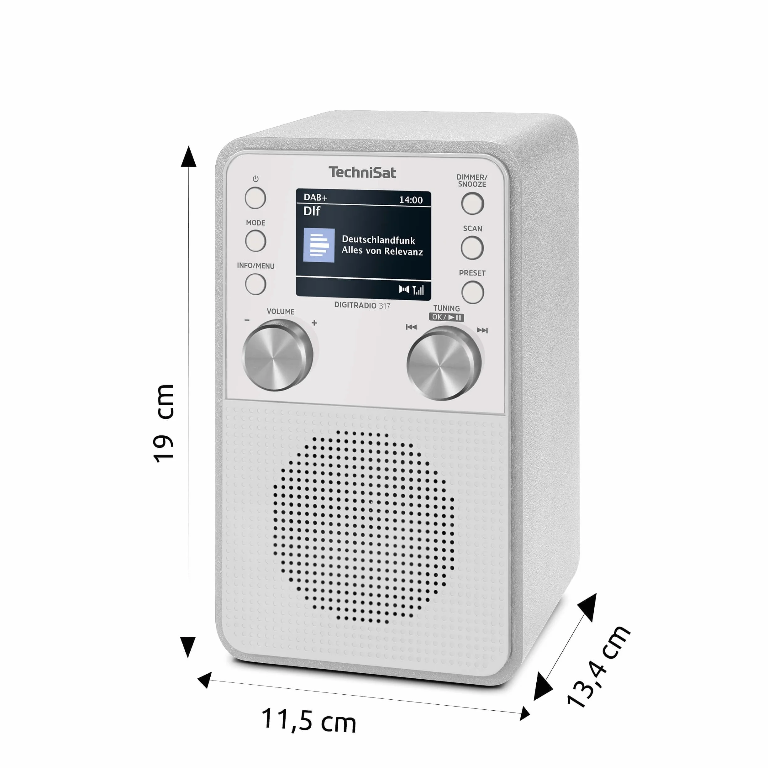 TechniSat DIGITRADIO 317 – pionowe radio DAB+ FM z funkcją strumieniowego przesyłania dźwięku przez Bluetooth, radiobudzik, wyłącznik czasowy, kolorowy wyświetlacz 2,4 cala, 3 W, białe