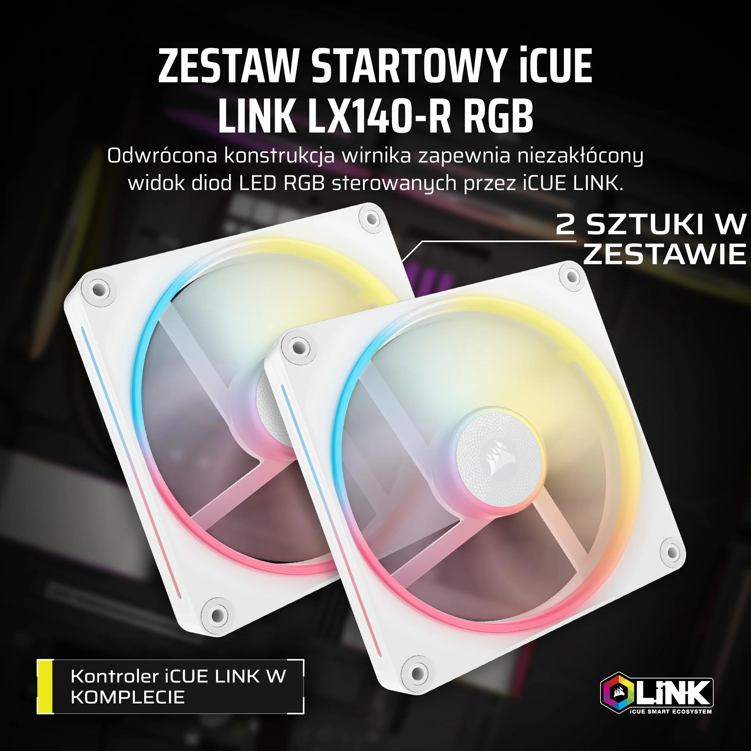 CORSAIR iCUE LINK LX140-R RGB 140mm PWM Wentylator Zestaw Startowy Odwrócony Przepływ Biały