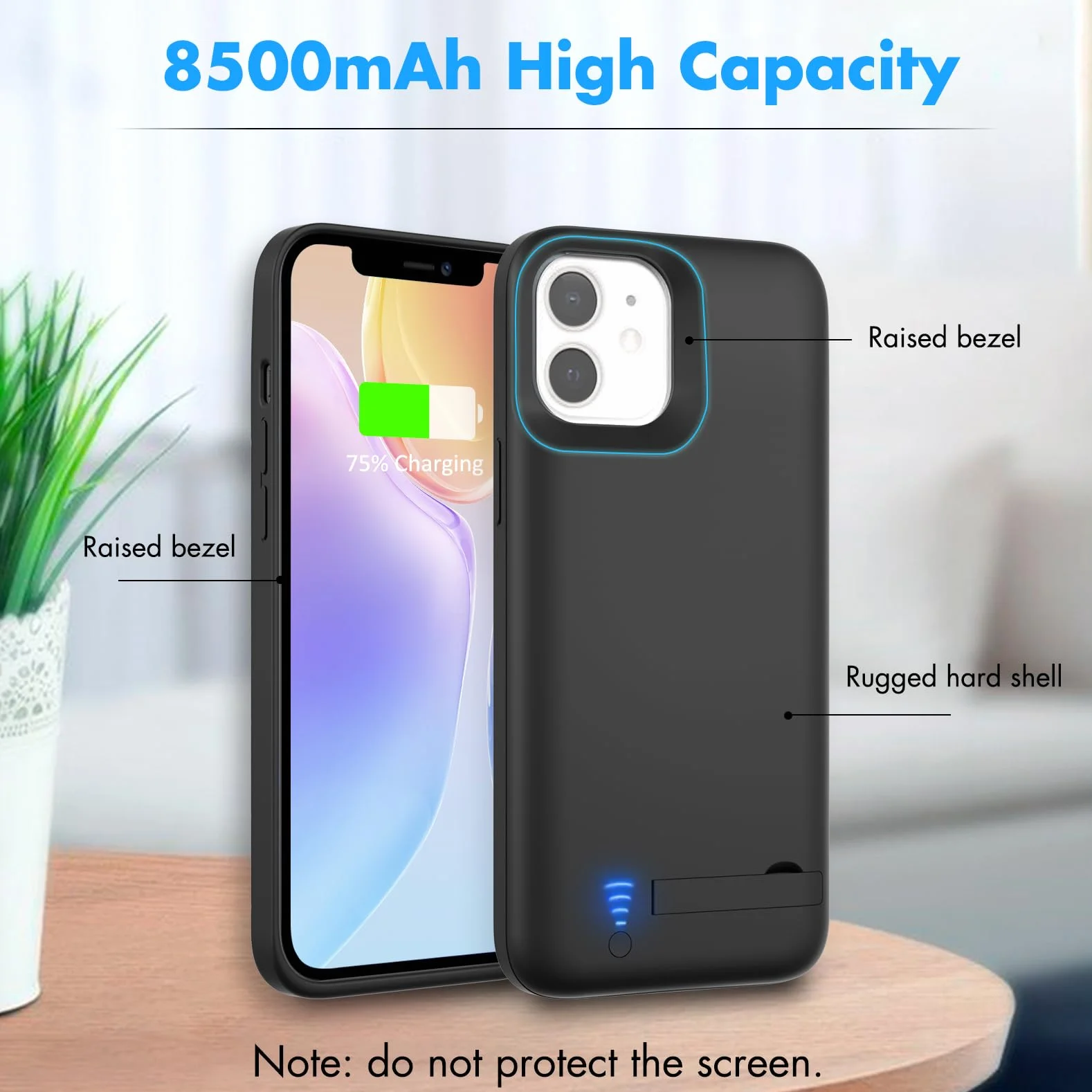 Etui na akumulator do iPhone 12 Mini/13 Mini (5,4") 8500 mAh, smukła obudowa do ponownego ładowania, przenośna, ochronna obudowa na telefon z akumulatorem, Power Bank z podstawką do iPhone 12