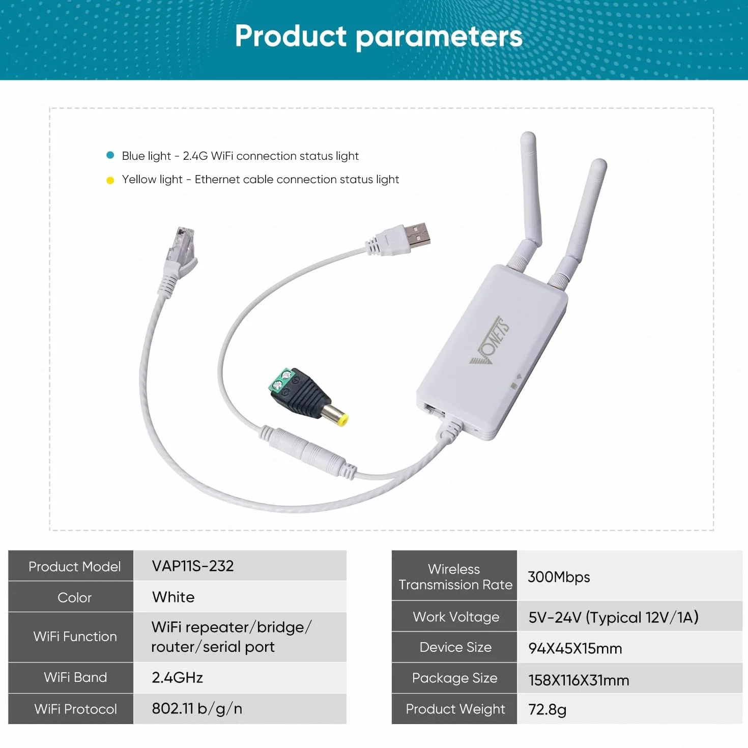 VONETS VAP11S-232 przemysłowy mostek WiFi o dużej mocy 2,4 GHz / wzmacniacz / mini router / adapter Ethernet WiFi przedłużacz hotspot z 2 portami RJ45 / antenami USB / DC do