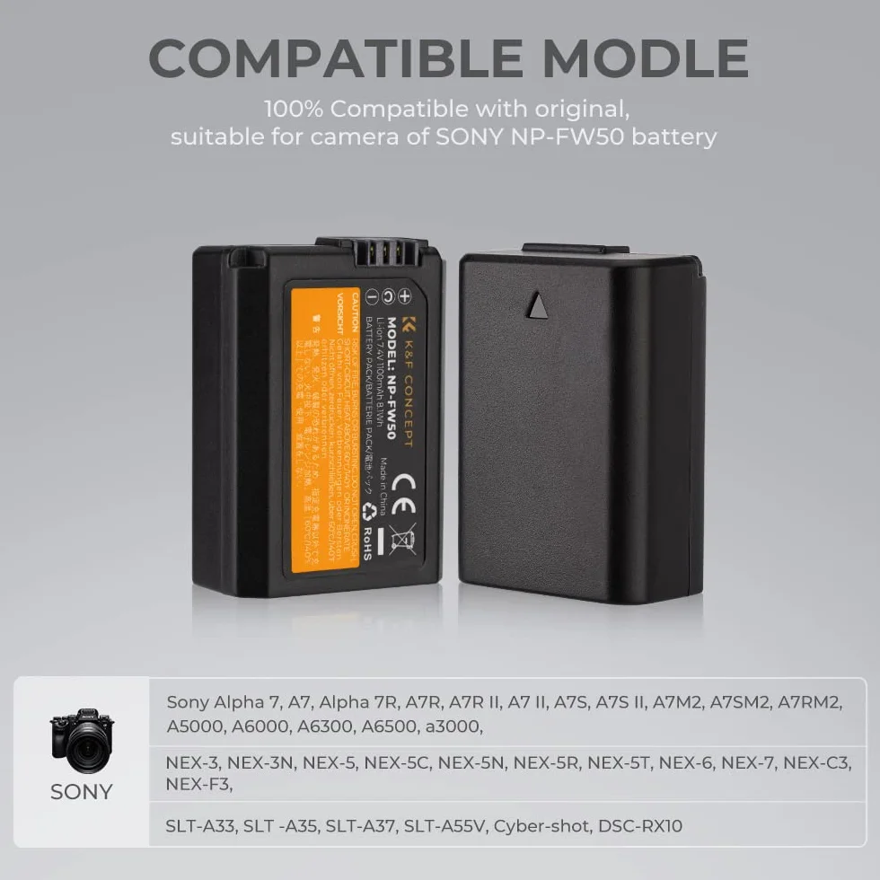 K&F CONCEPT NP-FW50 ładowarka do aparatu, bateria 1100 mAh, 2 sztuki zestaw do ładowania do Sony ZV-E10 A6000, A6500, A6300, A6400, A7, A7II, A7RII, A7SII, A7S, A7S2, A7R, A7R2, A55, A5100