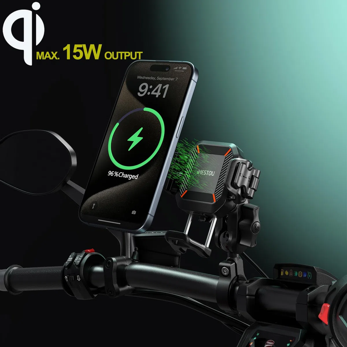 iMESTOU Motocyklowy bezprzewodowy uchwyt na telefon USB C, antywibracyjny, antykradzieżowy, kulkowy uchwyt Qi, pasuje do telefonów o grubości do 15 mm, pasuje do kierownic 22-32 mm, pasuje do pojazdów