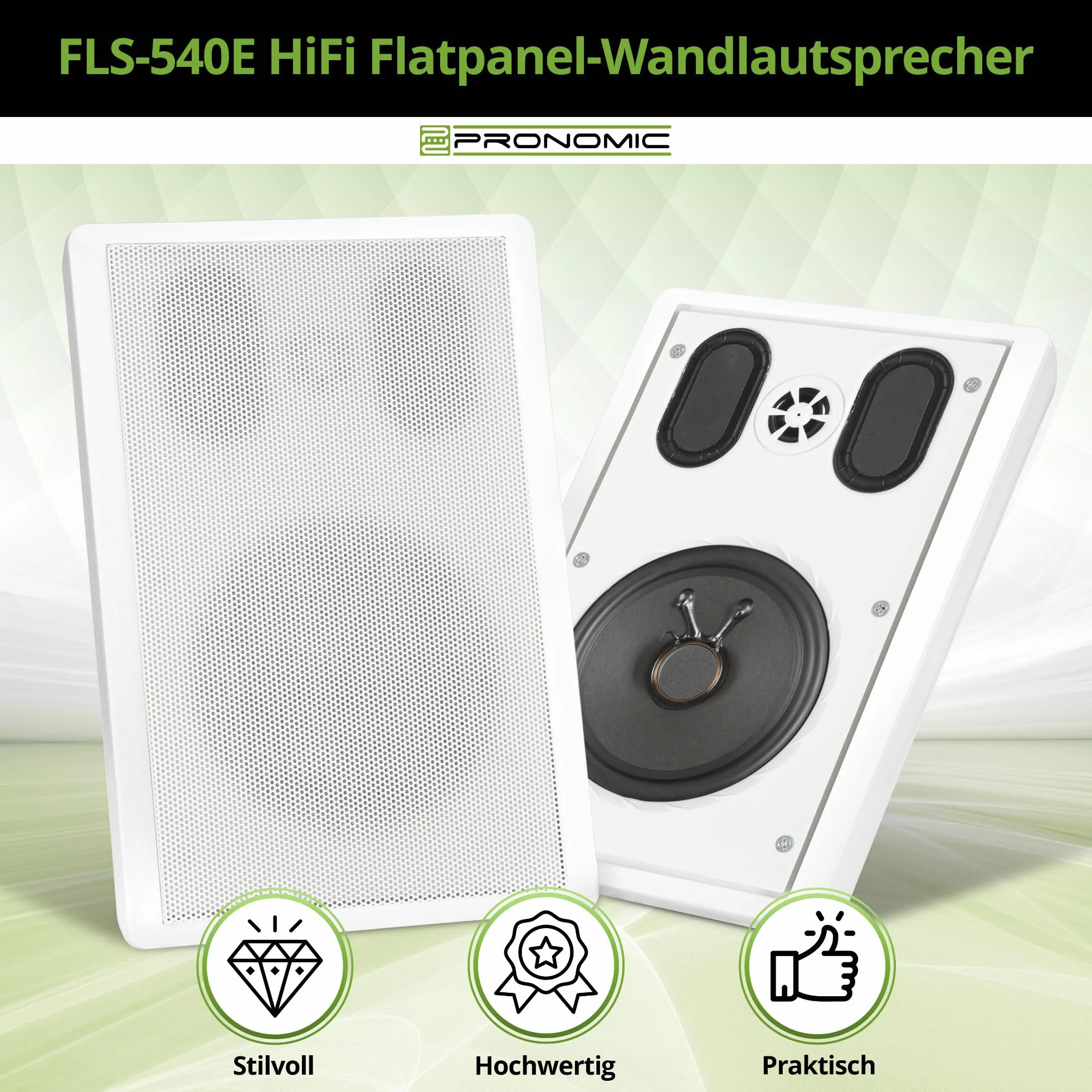 Pronomic FLS-540E WH płaski panel głośników naściennych, para (głośniki płaskie HiFi, 2-drożne pudełko, 5,25"/133 mm woofer, 1,2"/30 mm Tweeter, 30/60 W (RMS/Peak), przyłącze zacisku biegunowego