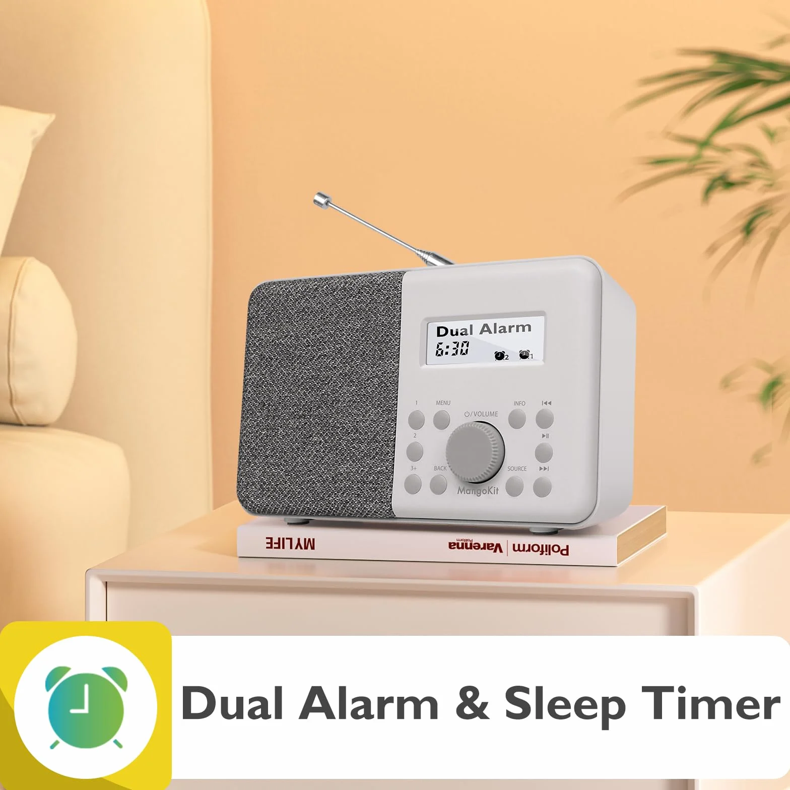 Przenośne radio cyfrowe DAB+ FM z alarmem i zegarem, 40 ustawień wstępnych, wyświetlacz LCD, szary