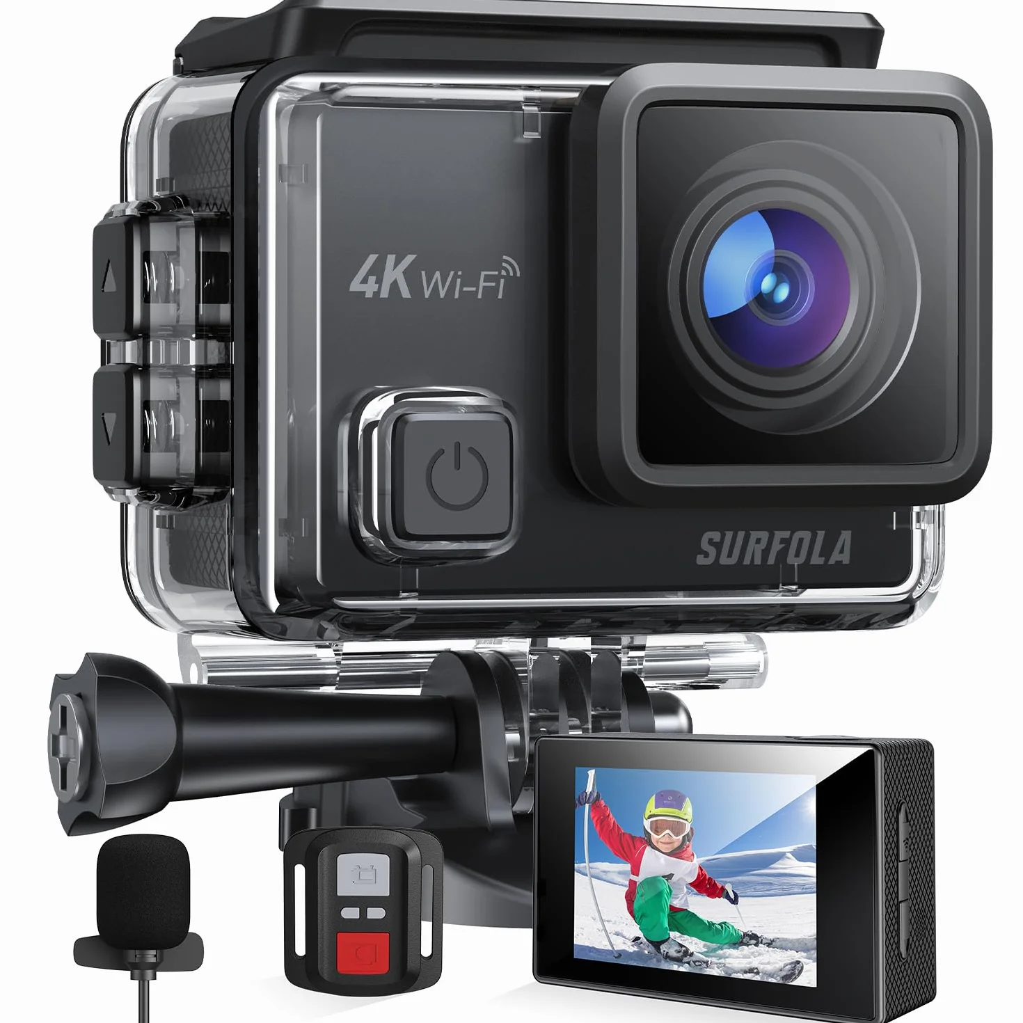 Surfola Kamera sportowa 4K, 40 m, wodoszczelna, 20 MP, EIS, szerokokątny kąt 170°, kamera na kask, WiFi