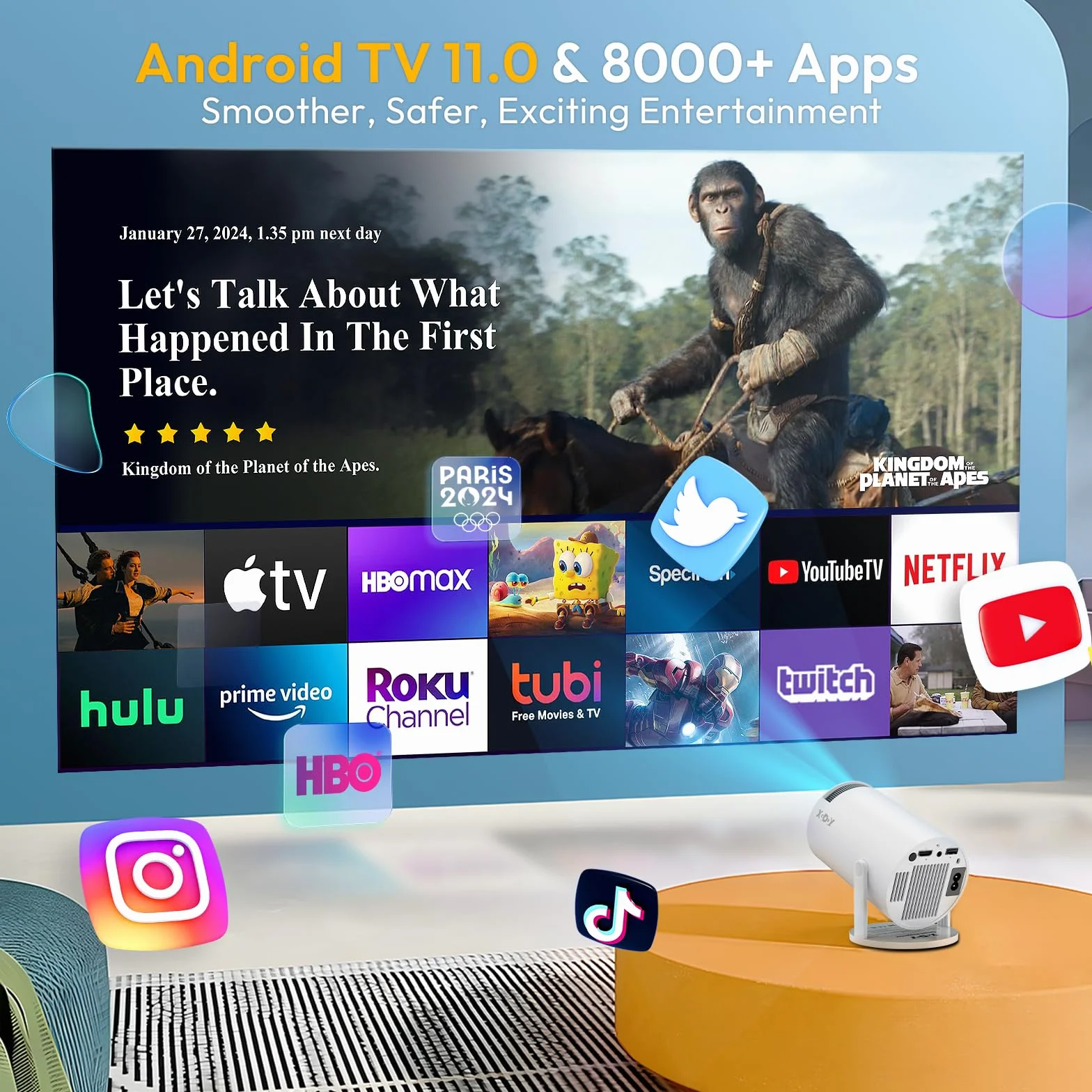 Mini projektor [2025 Upgraded & Android 11.0] Native 720P HD, obsługuje 4K 1080P, Xgody Gimbal 3 New przenośny projektor 12000 lumenów, WiFi 6, Bluetooth, Auto Keystone, projektor wideo do kina