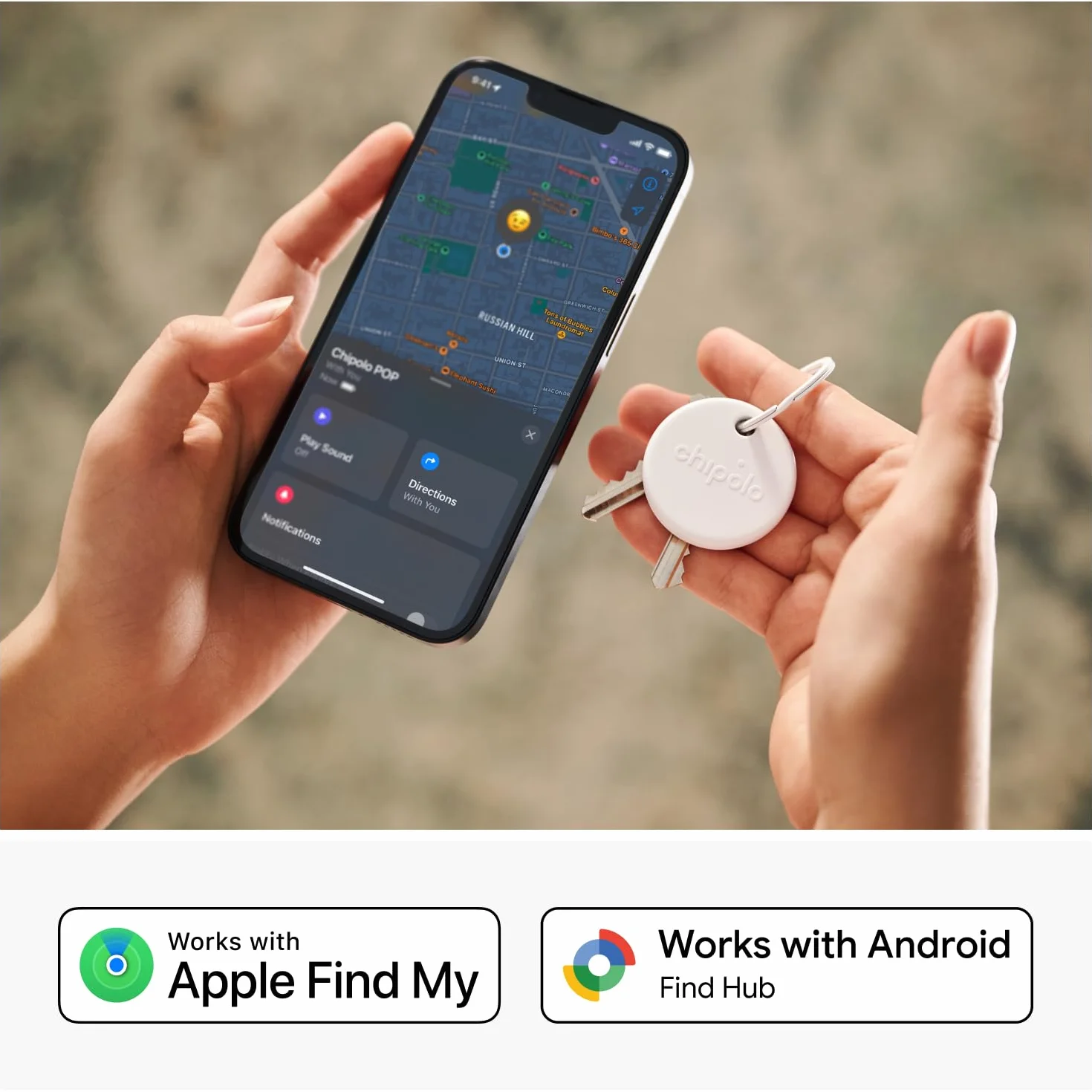 Chipolo POP Tracker Tag, głośny tracker Bluetooth z powiadomieniem o połączeniach telefonicznych i pozostawaniu poza zasięgiem, obsługa Apple Find My lub Google Find My Device (biały)