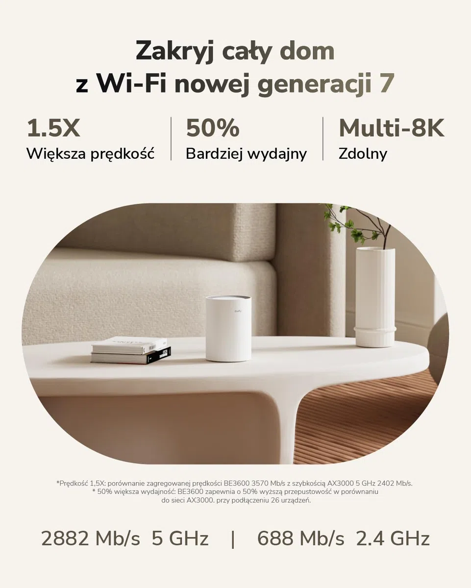 Cudy Dwuzakresowy system BE3600 WiFi 7 Wi-Fi, 3,6 Gb/s 160 MHz, zasięg do 100 m², 3 porty gigabitowe, kompatybilny z wieloma VPN, sterowanie aplikacją Cudy (M3600 1 opakowanie)