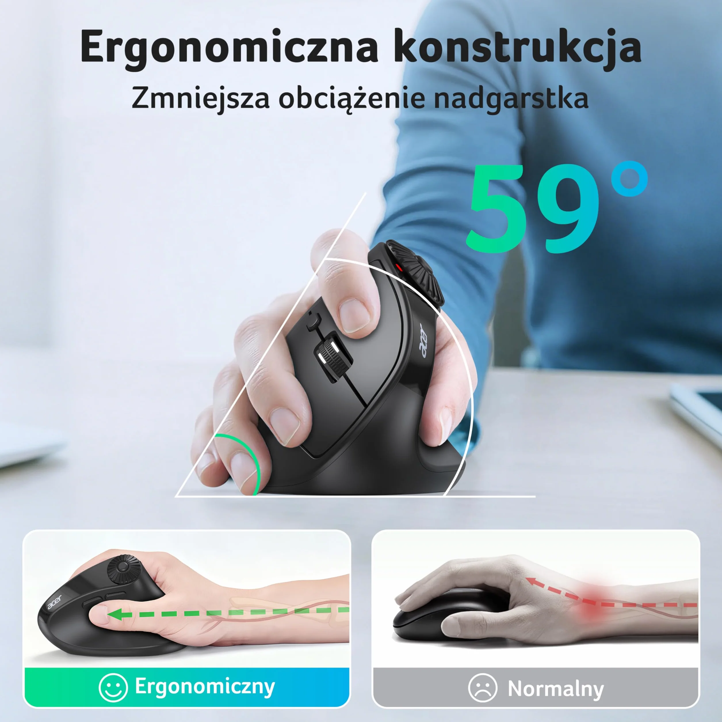 Acer Bezprzewodowa mysz ergonomiczna z bocznym kółkiem przewijania, 4000 DPI mysz Bluetooth do laptopa (BT5.2+2.4GHz), pionowa mysz, dla prawej ręki, 8 przycisków, odbiornik USB do PC, komputerów