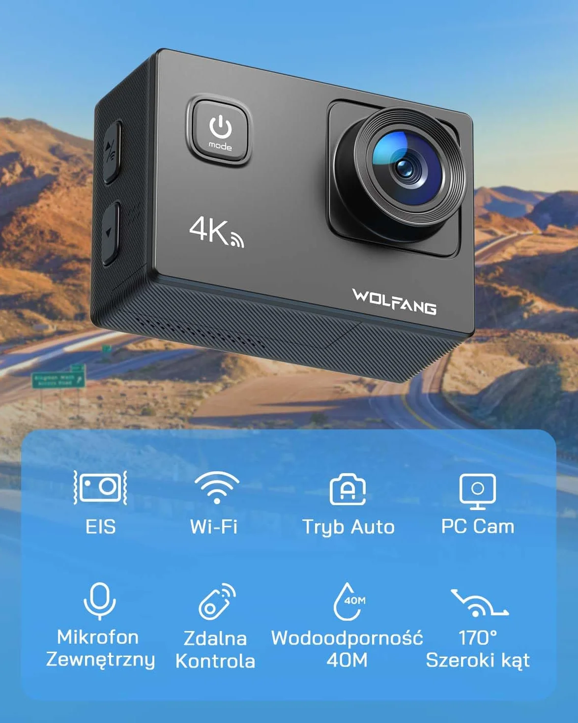 WOLFANG Kamera akcji GA100 4K 30FPS 20MP Kamera podwodna Wodoodporna 40M, kamera wideo WiFi z podwójnym mikrofonem, szeroki kąt 170°, zdalne sterowanie 2.4G, EIS Anti-shake, 2 baterie, różne akcesoria