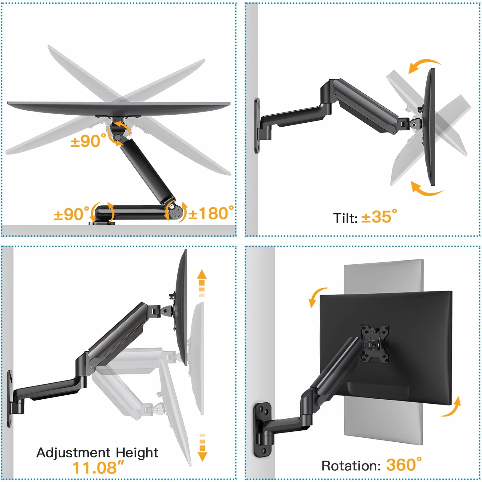 HUANUO Uchwyt ścienny z ekranem PC, ramię monitora 17-32 cali, obsługa monitora 8 kg, ergonomicznie regulowane, VESA 75/100/200