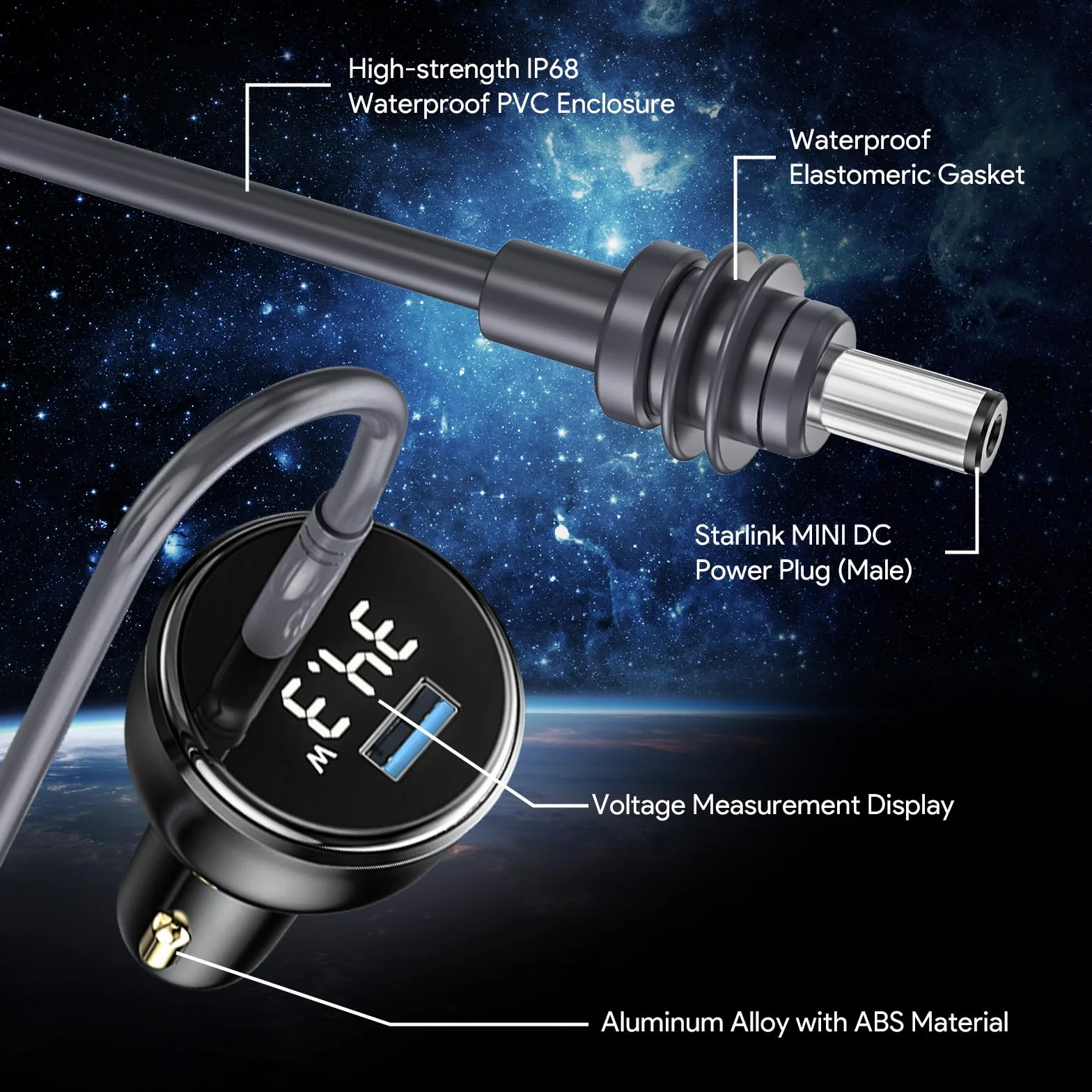 EDUP Star Link Mini adapter samochodowy, kabel zasilający DC + adapter do zapalniczki samochodowej Star Link 12 V-24 V z cyfrowym wyświetlaczem, wodoodporny kabel do ładowania samochodu ze złączem USB