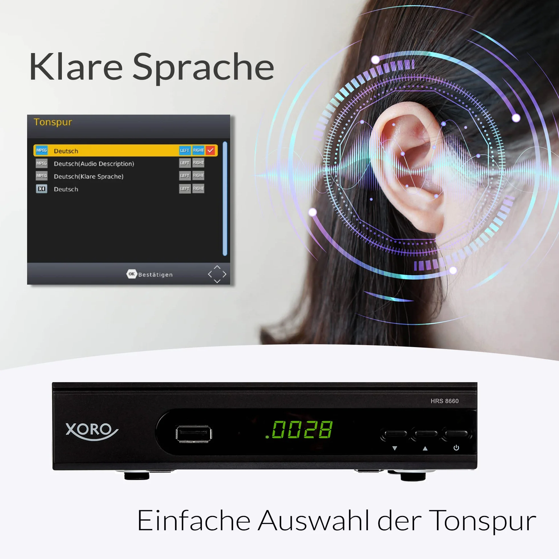 XORO HRS 8660 cyfrowy odbiornik satelitarny, lista programów Astra 19.2, zaprogramowana lista kanałów, PVR-Ready, Timeshift, odtwarzacz multimedialny USB, wyświetlacz LED, łatwa instalacja