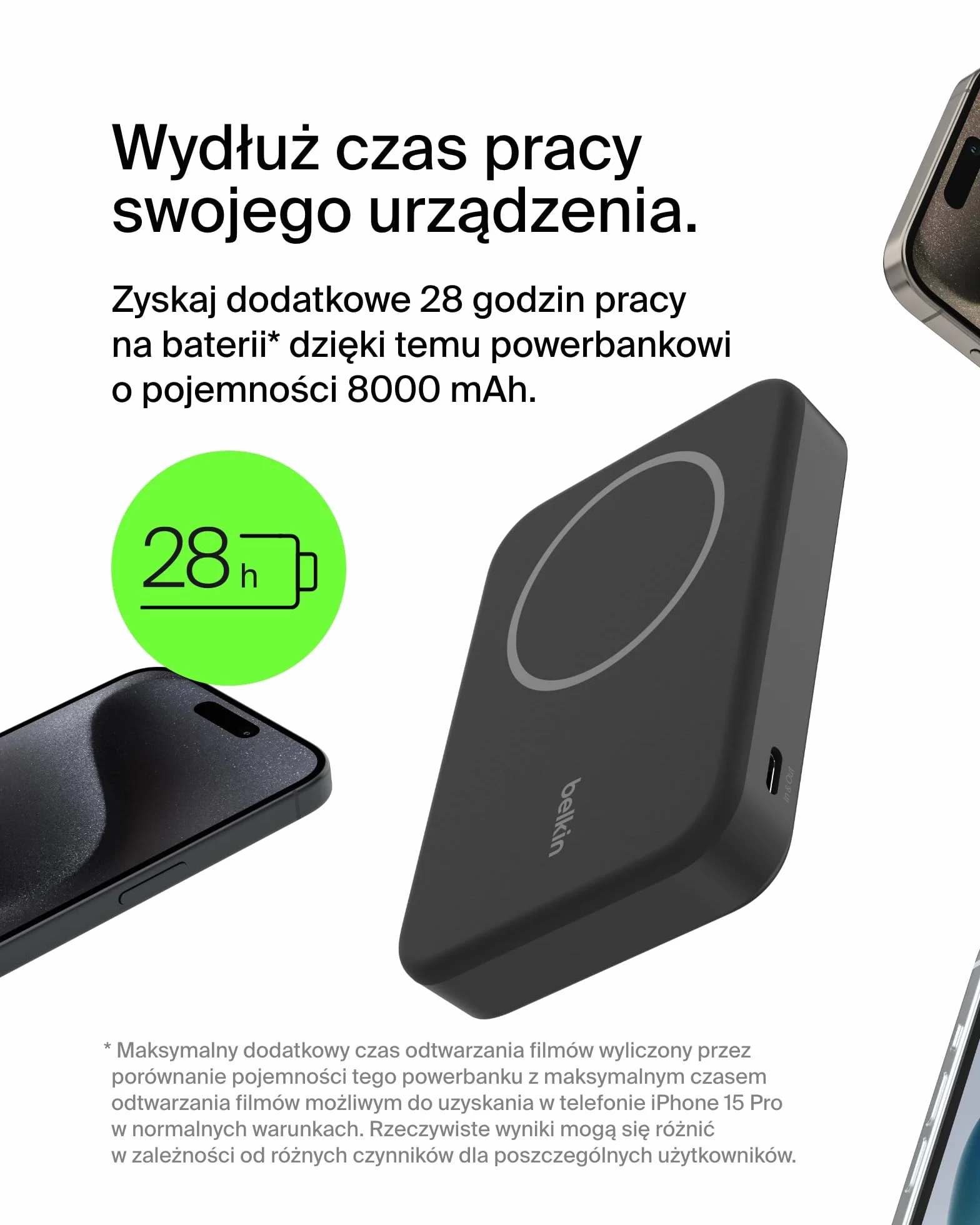 Belkin Bezprzewodowy powerbank BoostCharge Pro 8000 mAh z Qi2, ładowarka zgodna z MagSafe + rozkładana podstawka – do telefonów iPhone 16, 16 Plus, 16 Pro, 16 Pro Max, iPhone 15 i innych – czarny, 8K