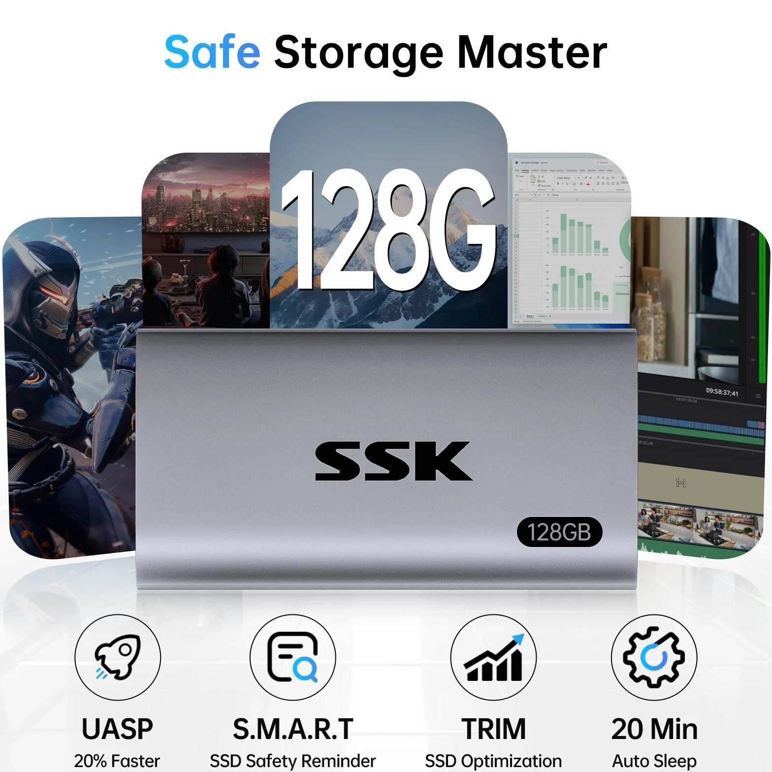 SSK Przenośny zewnętrzny dysk SSD 128 GB, ultraszybka prędkość do 550 MB/s Zewnętrzny dysk półprzewodnikowy USB 3.2 Gen2 USB-C Mini Zewnętrzny dysk SSD do laptopów, urządzeń typu C