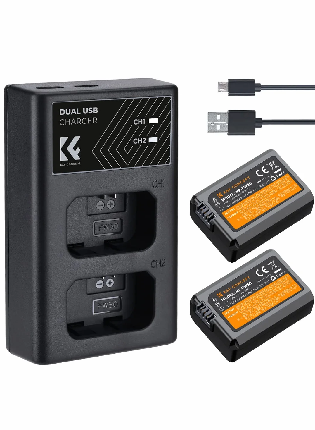 K&F CONCEPT NP-FW50 ładowarka do aparatu, bateria 1100 mAh, 2 sztuki zestaw do ładowania do Sony ZV-E10 A6000, A6500, A6300, A6400, A7, A7II, A7RII, A7SII, A7S, A7S2, A7R, A7R2, A55, A5100