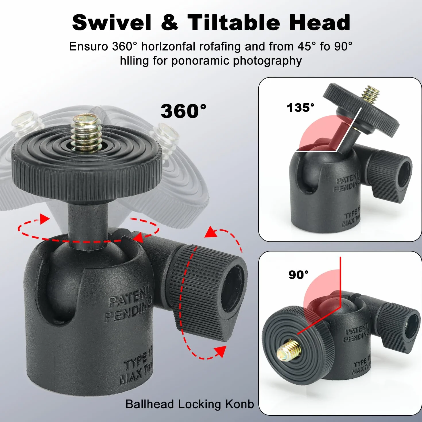 Koolehaoda Adapter do statywu do telefonu komórkowego z uniwersalną obrotową mini głowicą kulową 1/4", obrotowy o 360°, regulowany uchwyt zaciskowy do telefonu komórkowego i smartfona