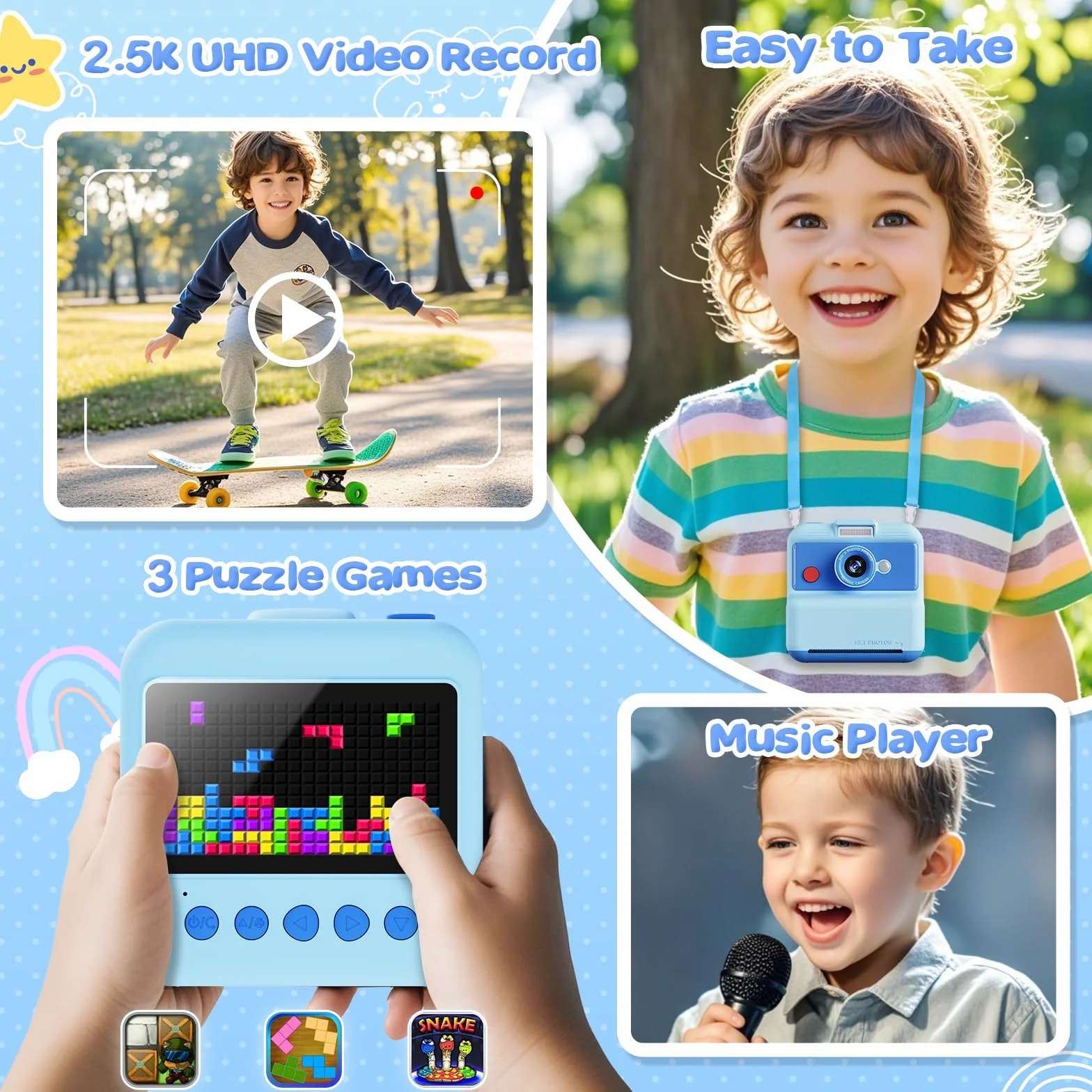 Aparat błyskawiczny dla dzieci, 3,0 cala, aparat cyfrowy dla dzieci, 48 MP/2,5K UHD Aparat dziecięcy z kartą 32 GB, znakomita zabawka na prezent dla chłopców, dziewcząt, 3-12 lat (Niebieski)