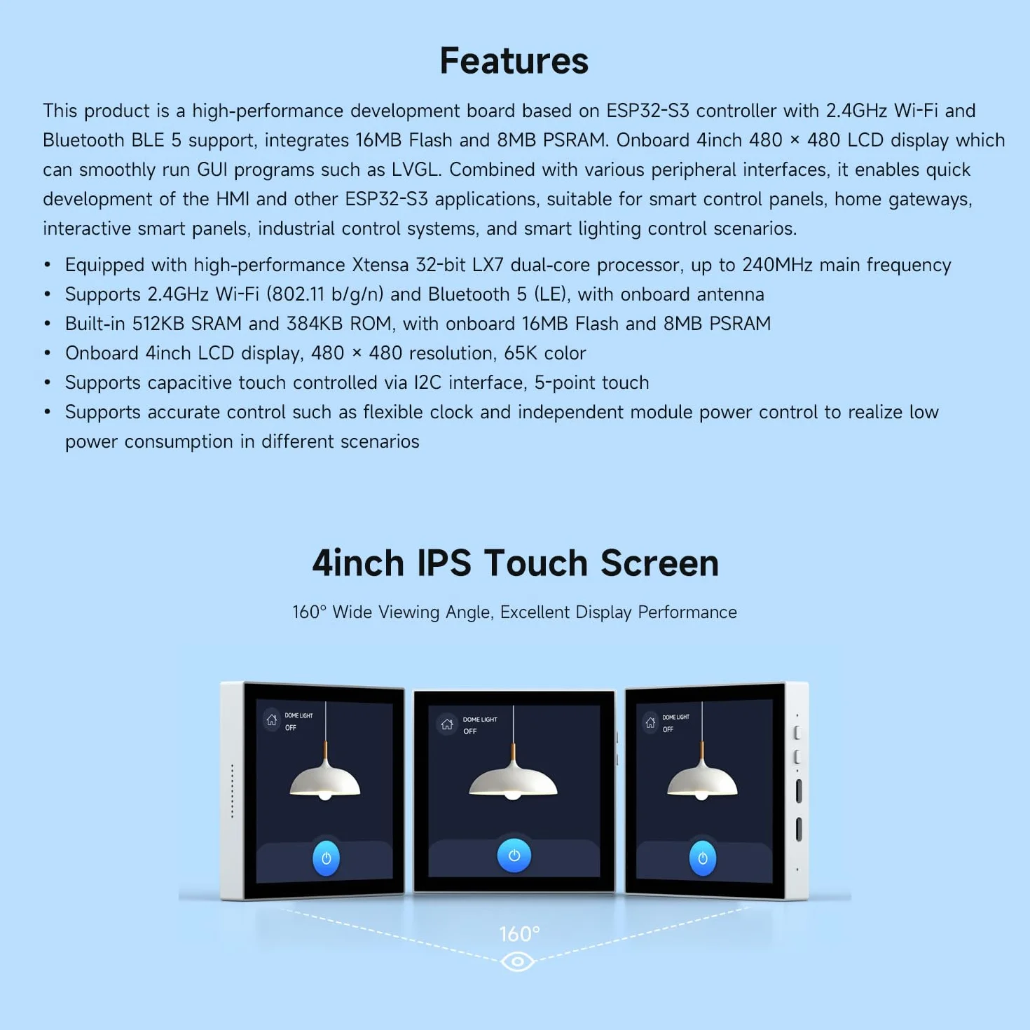 Waveshare ESP32-S3 Smart 86 Box Development Board, Support 2.4GHz Wi-Fi & BT BLE 5, Onboard 4inch 480 × 480 Pixel Touch Display, 5-Point Touch, RGB Interface