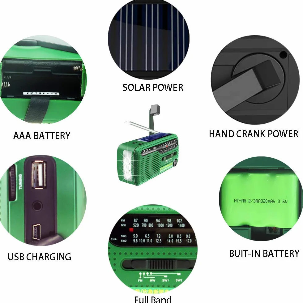 DEGEN DE13 Cranked Solar FM AM SW Odbiornik z Latarką Alarmem SOS Telefon Komórkowy Ładowanie Awaryjne Zielony