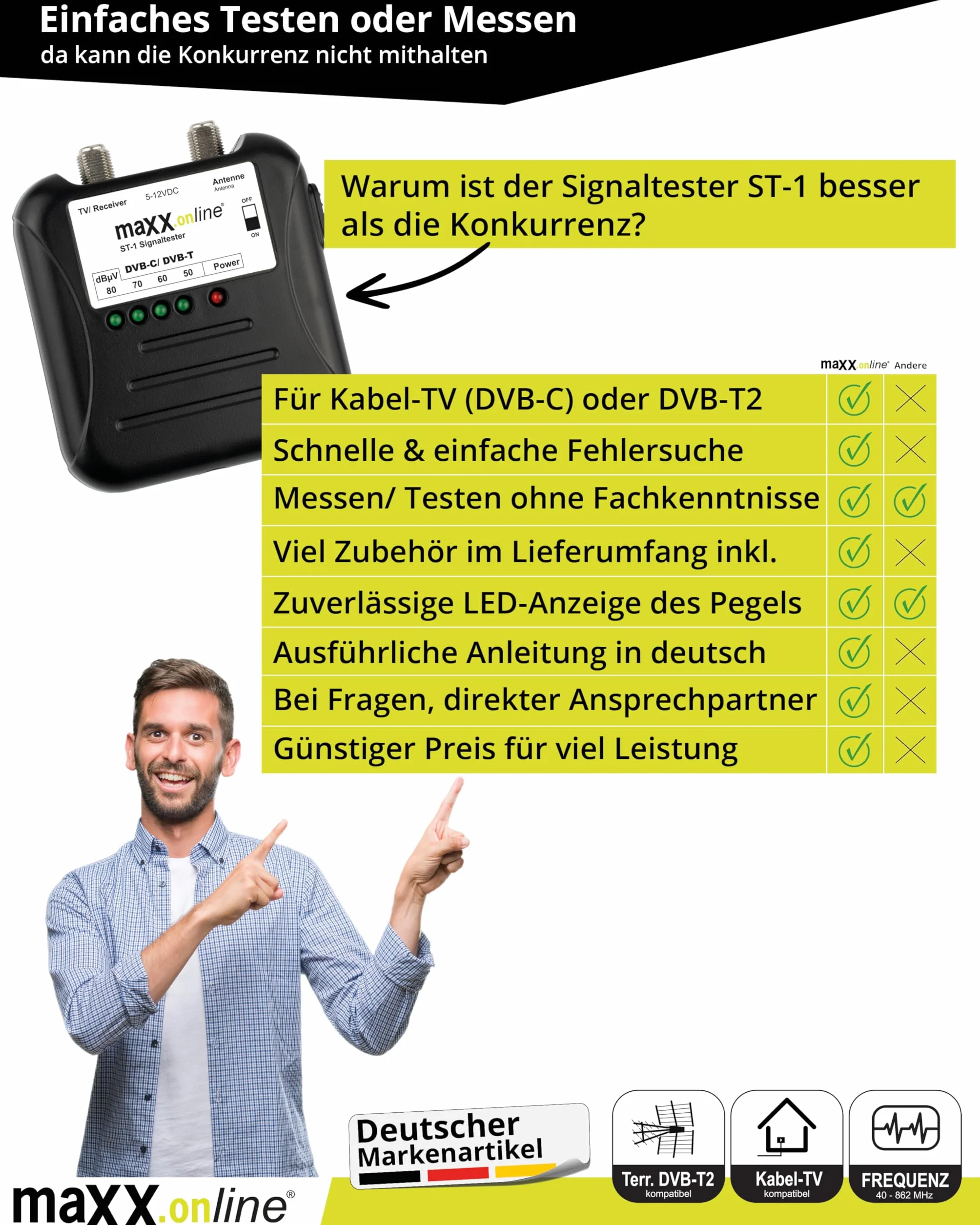 Tester sygnału (ST-1) do telewizji kablowej DVB-C/DVB-T, 40-862 MHz, zasilanie bateryjne