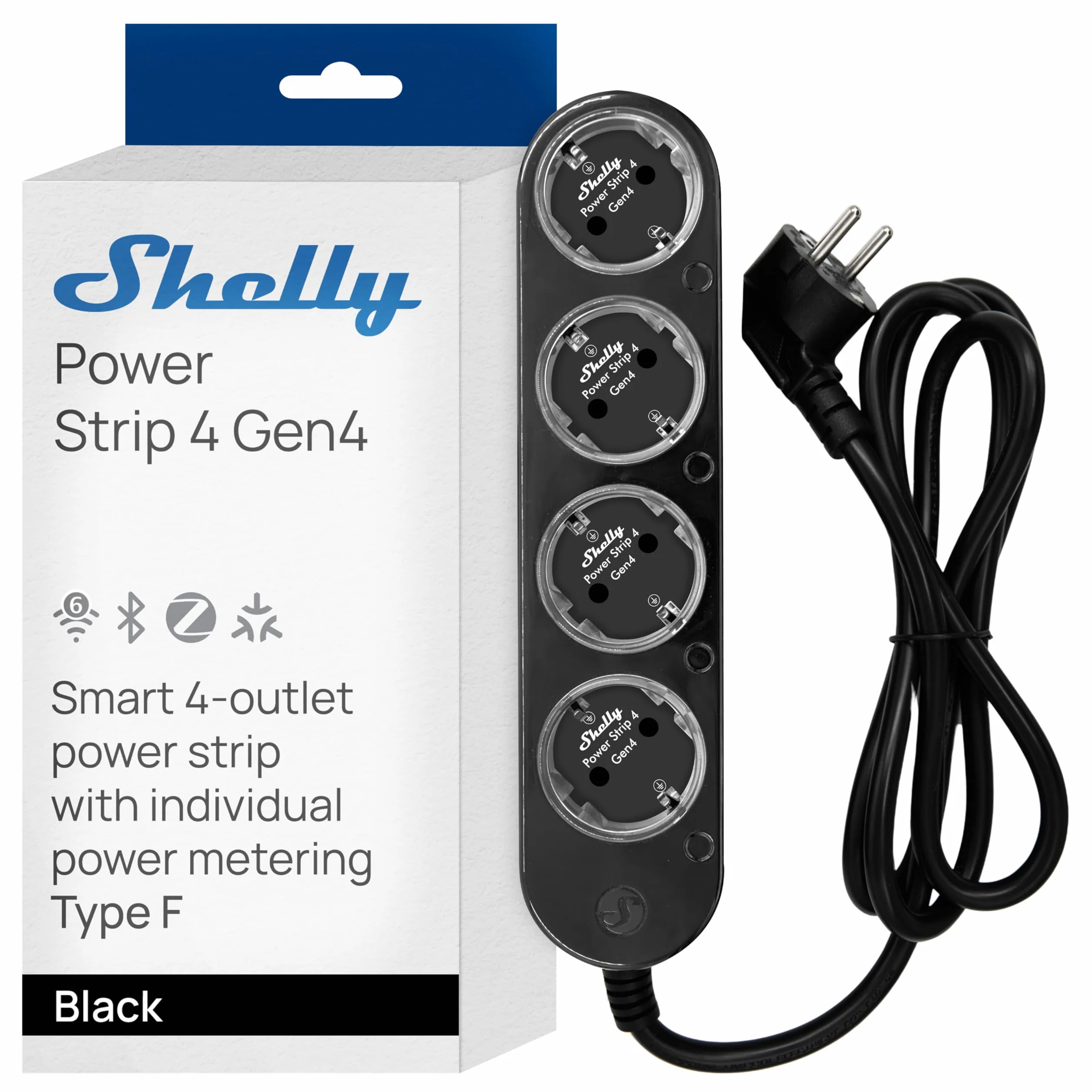 Shelly Listwa zasilająca Power Strip 4 Gen4 czarna Wi-Fi 16A 3500W Zigbee Google