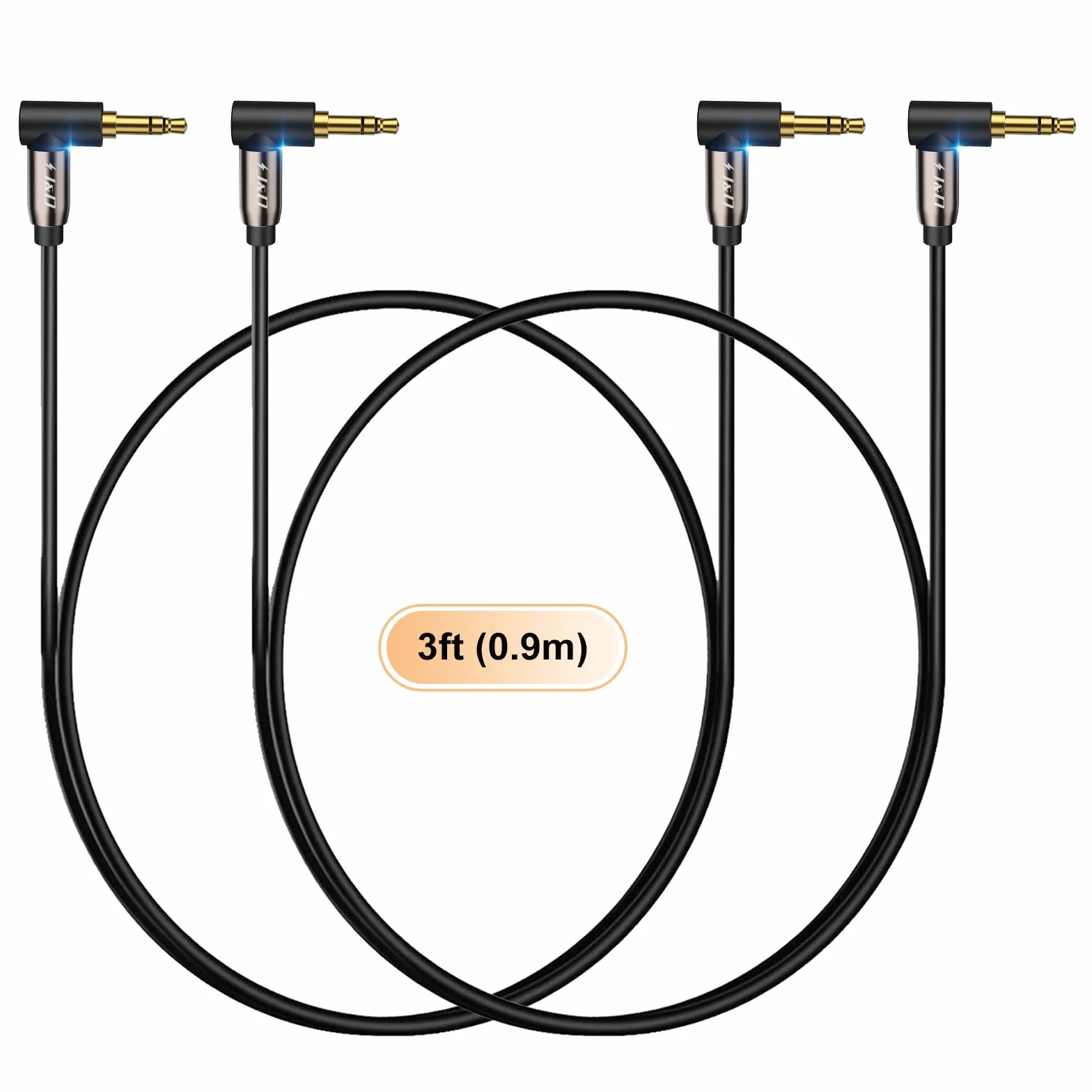 J&D 2-pakiety złoconych kabli audio stereo 3,5 mm Aux 90° prosty kąt Kompatybilne z iPhone, głośnikami i innymi urządzeniami, 0,9 m