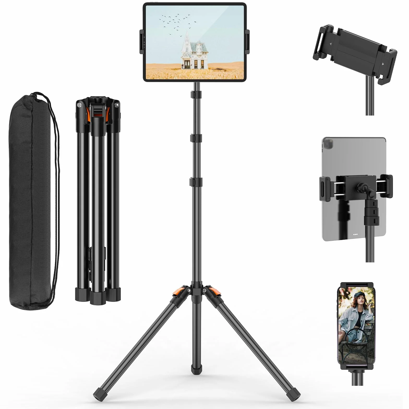 XXZU 182cm Stojak Podłogowy na Tablet, Uchwyt na Tablet Obrotowy Statyw na Telefon o Wysokości 360°, Regulowany Składany Statyw do Tablety do Oglądania/Streamowania Kompatybilny z Tabletem i Telefonem