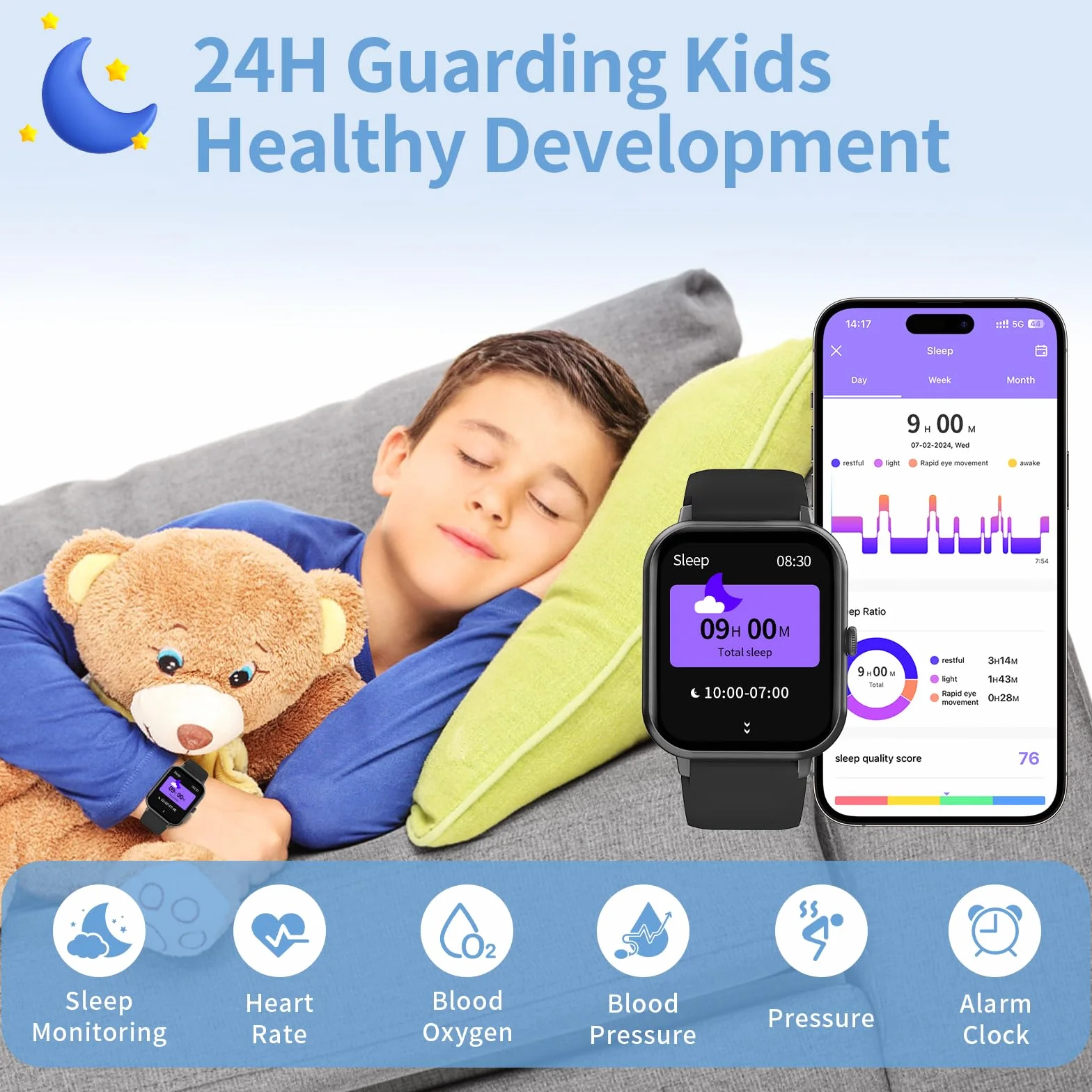 Inteligentny zegarek dla dzieci z Bluetooth, pulsometr, krokomierz, fitness tracker
