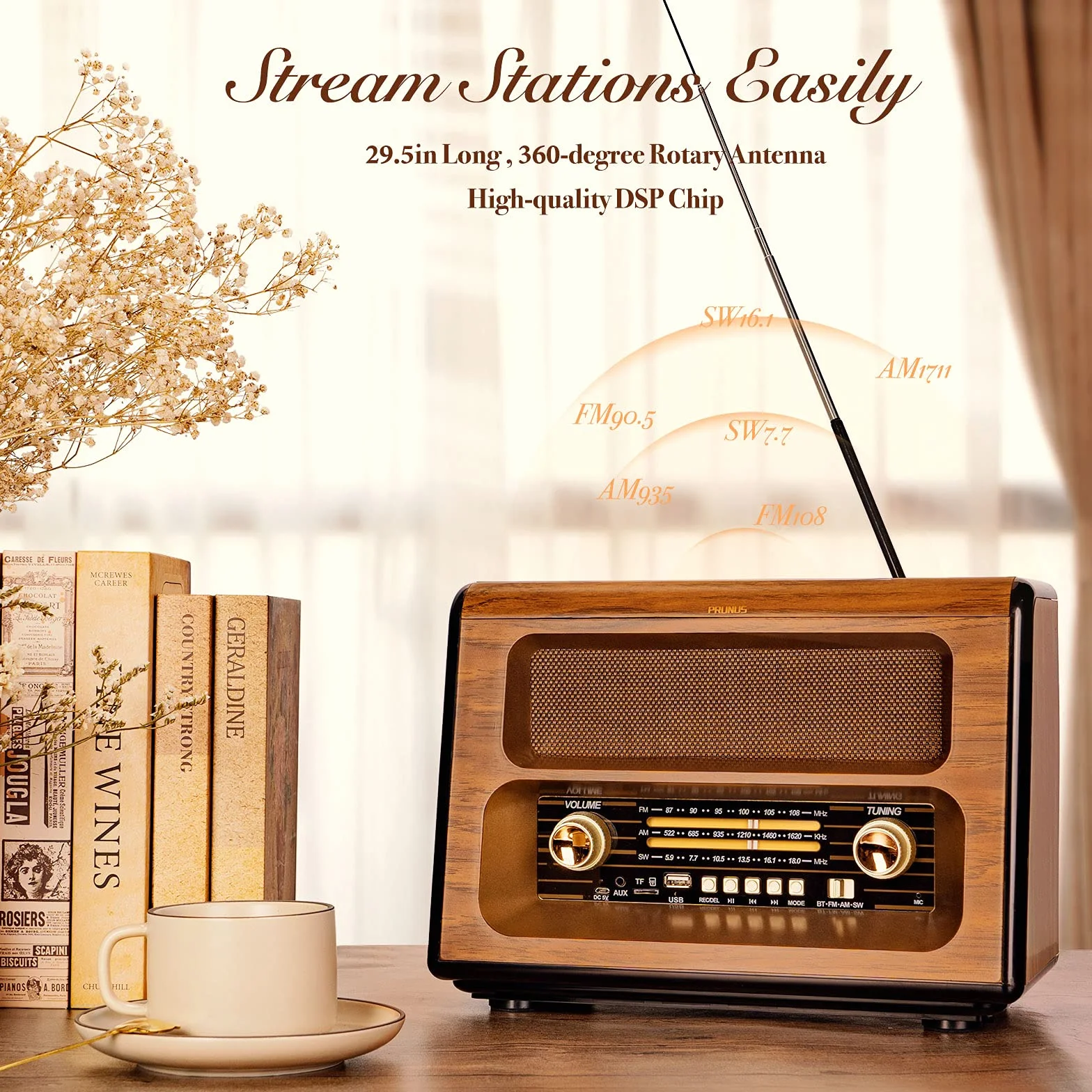 PRUNUS J-199 retro radio Bluetooth AM/FM/SW 3-drożne zasilanie akumulator bateria gniazdko USB/TF