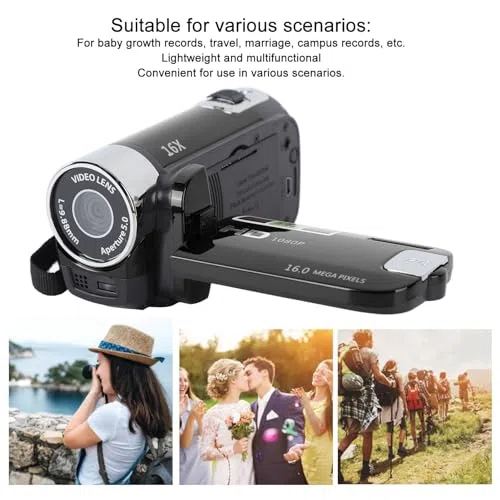 Ręczna Kamera Wideo, Kamera DV 1080P 4K 48MP 16x Cyfrowa Kamera Wideo Vlogging 2,7-calowy Obrotowy Ekran TFT LCD (BLACK)