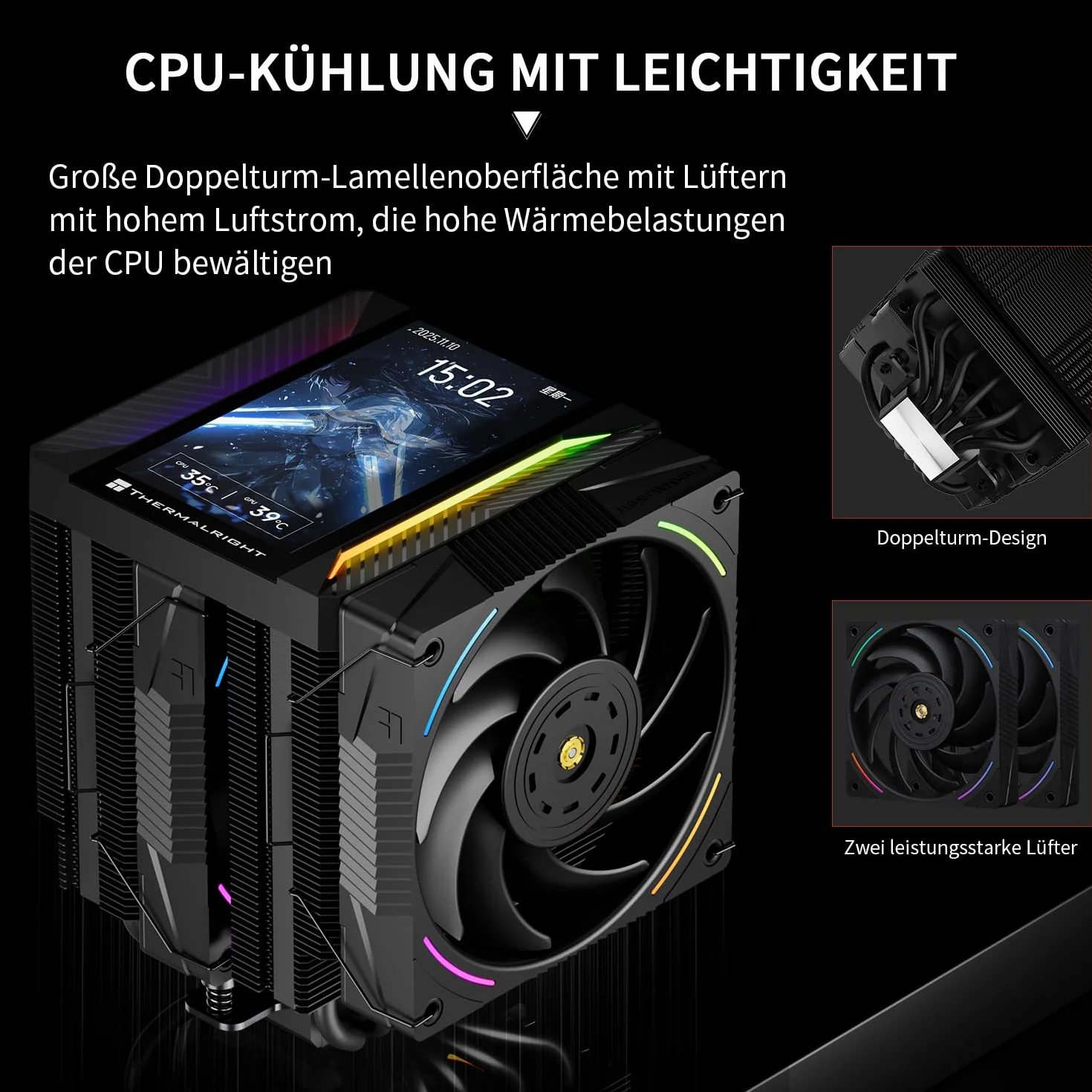 TR Peerless Assassin 120 VISION MAX ARGB Black chłodnica powietrza z 2 wentylatorami TL-K12 PWM, 5-calowy wyświetlacz magnetyczny (rozdzielczość 480 x 854), do LGA1851/1700 i AM5