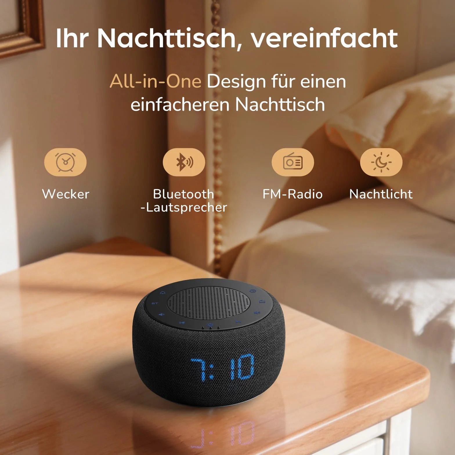DOUMOSH Radiobudzik z Bluetooth, budzik cyfrowy z 0-100% ściemniaczem wyświetlacza, kolorowe światło nocne, budzik, głośnik Bluetooth do sypialni