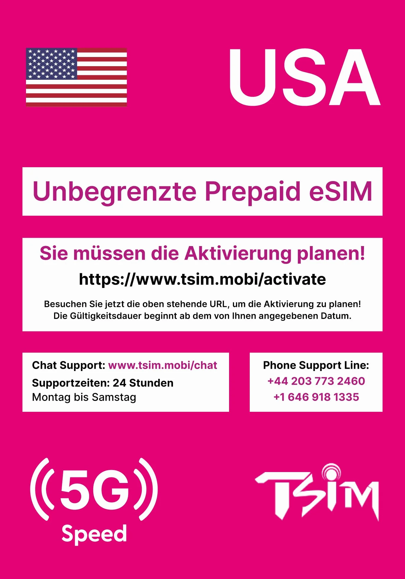 eSIM na podróż do USA. Prepaid. Sieć T-Mobile z nielimitowanymi danymi, połączeniami i wiadomościami. eSIM 5G (ważna przez 21 dni)