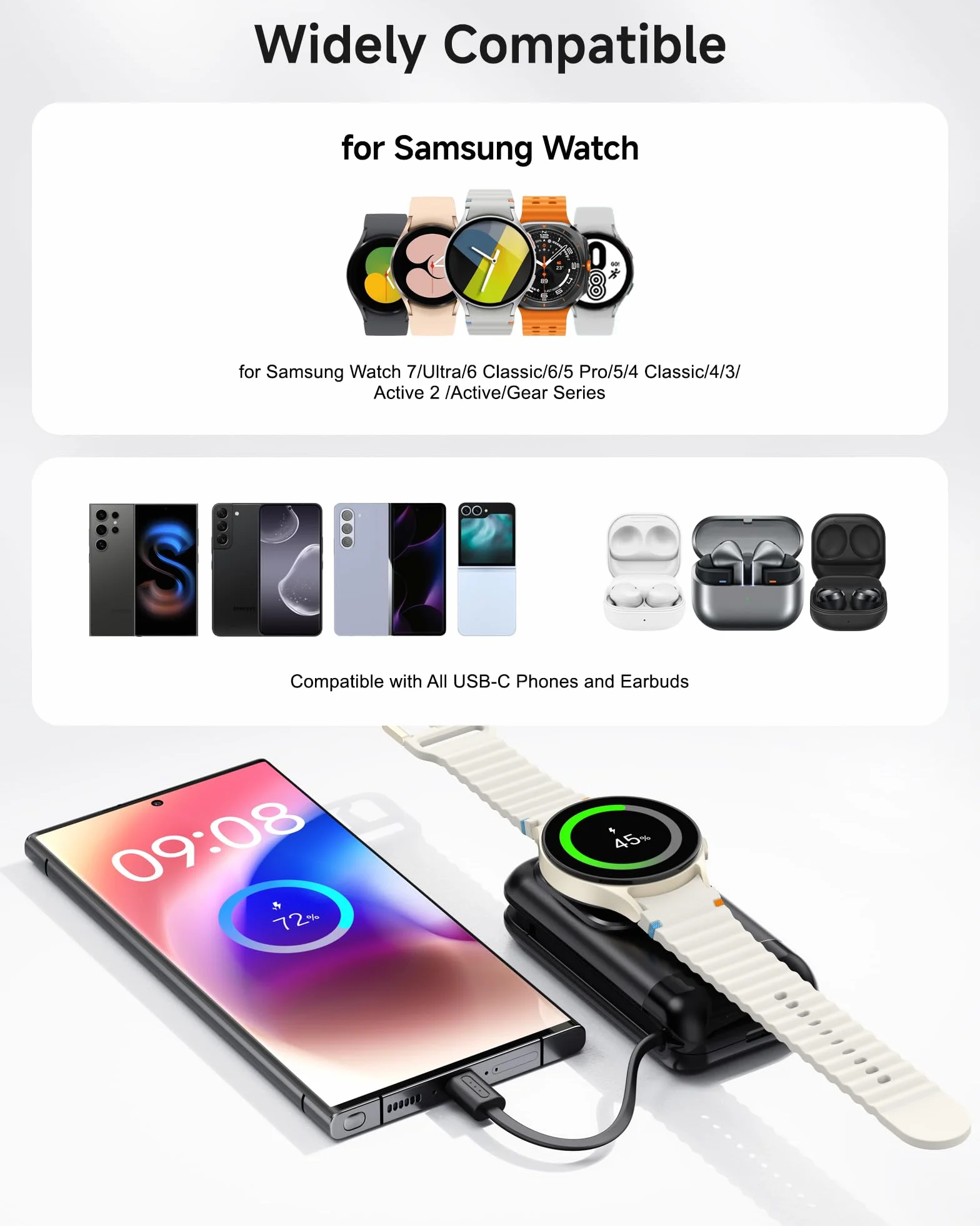 Indukcyjna stacja ładująca dla Samsung Watch 8, 6000 mAh, powerbank, magnetyczna ładowarka, przenośna powerbank z wbudowanym kablem, stacja ładująca Watch 8 Classic/8/Ultra/7/6/5/4/3/Z Flip 7