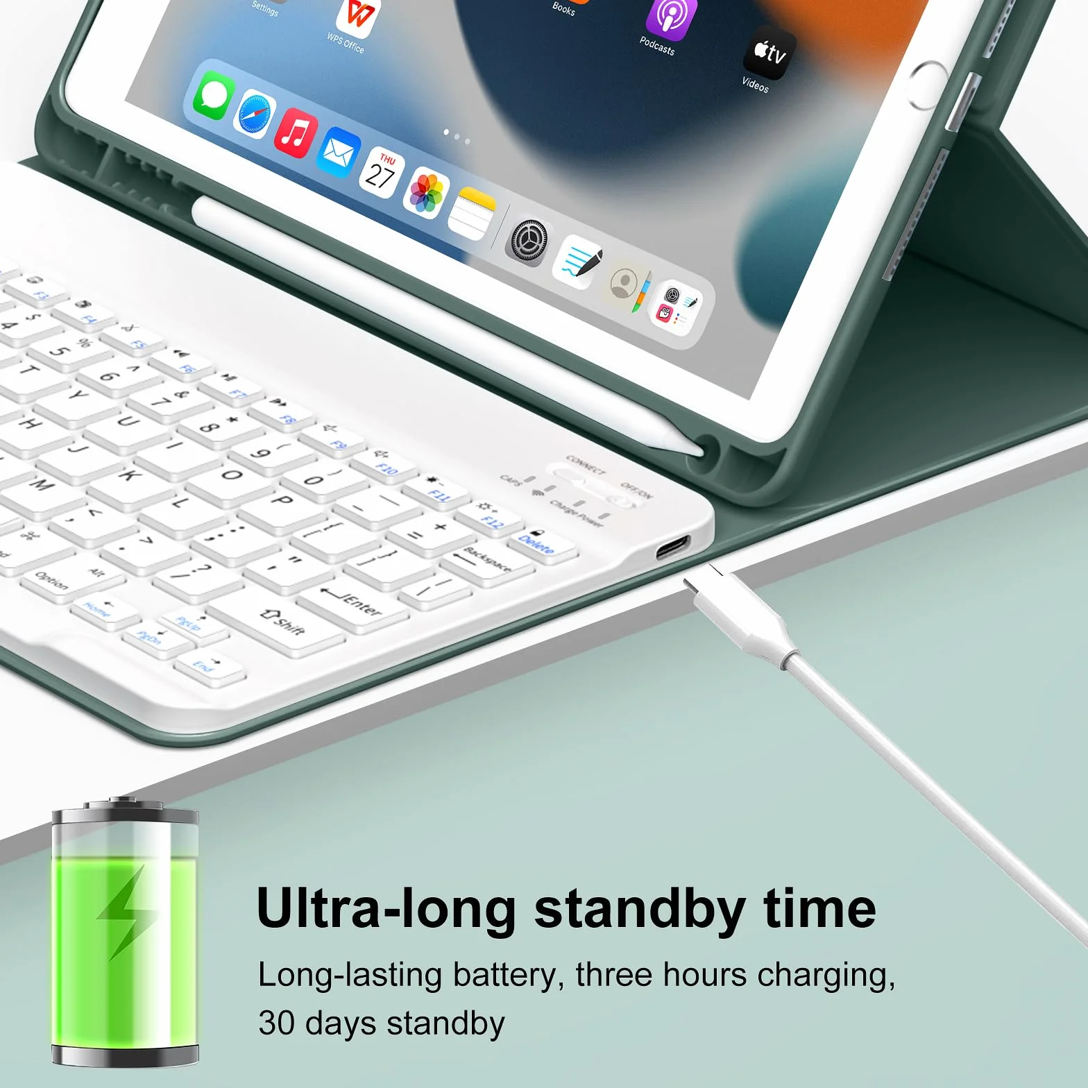 JKSML Etui na Klawiaturę do iPad 9./8./7. Generacji (2021/2020/2019) z Uchwytem na Rysik, Miękkie Etui Ochronne z Termoplastycznego Poliuretanu (TPU) Ciemnozielony