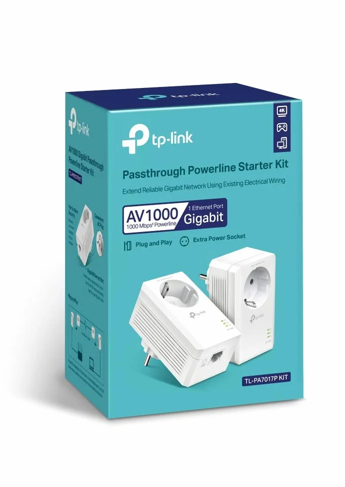 TP-Link TL-PA7017P KIT – Zestaw Powerline AV1000 z gniazdem, port Gigabit, Plug & Play, do 1000 Mb/s, idealny do streamingu 4K i gier przewodowych