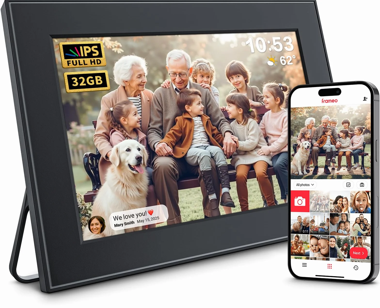 FRAMEO cyfrowa ramka na zdjęcia 32 GB, ekran dotykowy IPS 10,1", inteligentna cyfrowa ramka na zdjęcia, łatwa konfiguracja do udostępniania zdjęć lub filmów za pomocą