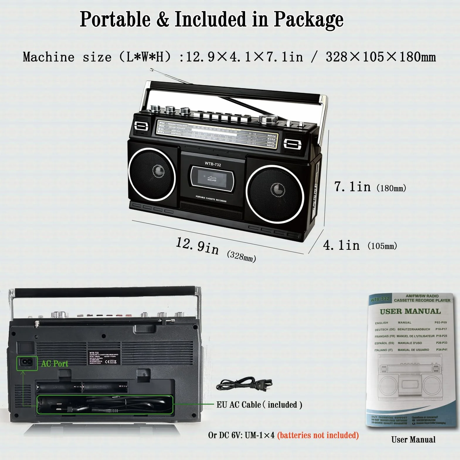 Retro Boombox Bluetooth 24 W z Odtwarzaczem Kasetowym Radio AM/FM/SW USB micro SD