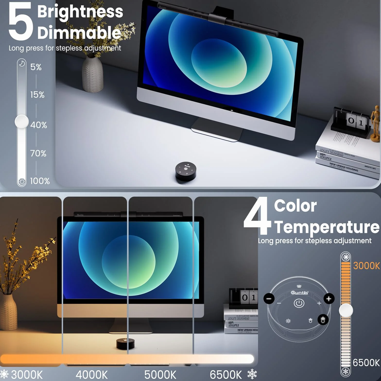 Quntis LED Lampa do monitora komputerowego z pilotem i sterowaniem dotykowym, listwa świetlna o długości 40 cm z automatycznym ściemnianiem, funkcją ochrony przed światłem niebieskim