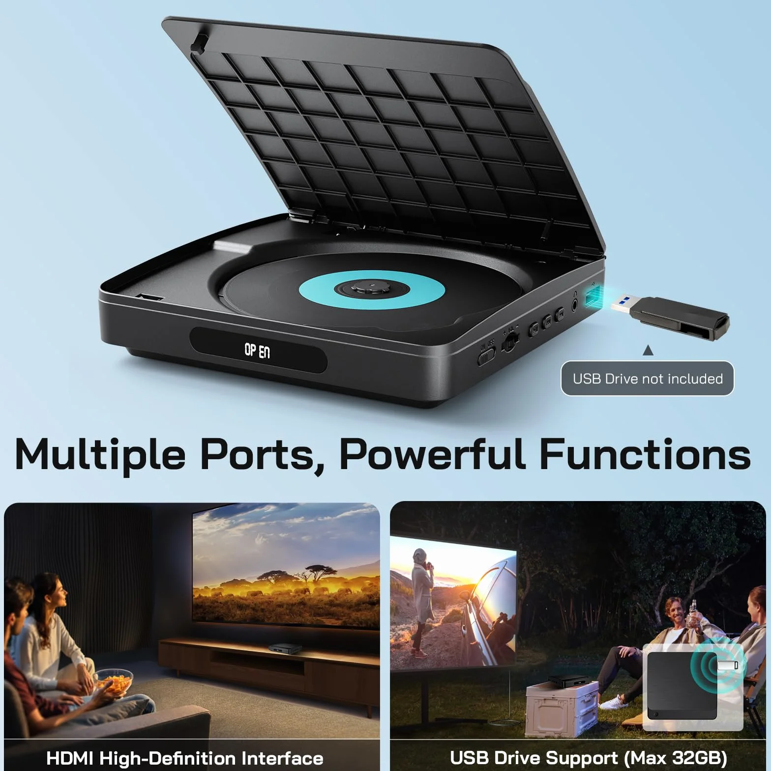 WOLFANG Odtwarzacz DVD do Telewizora z HDMI, 1080P Full HD Region Free, Pilotem i Kablem Type-C, Odtwarzaczem CD do Domowego Systemu Stereo, Portem USB (Nie Blu-ray)