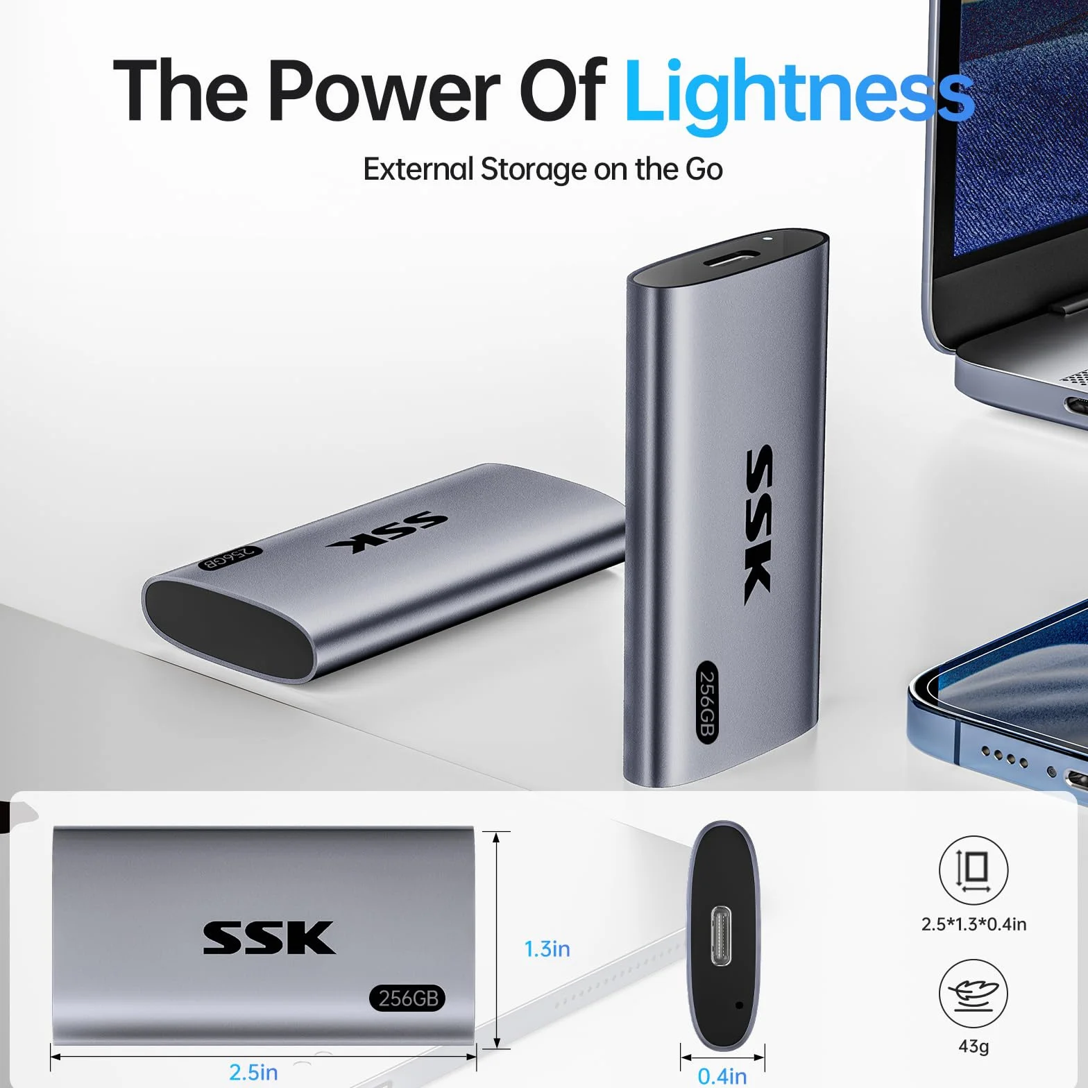 SSK 256GB Przenośny Dysk SSD Zewnętrzny Do 550MB/s, Zewnętrzny Dysk SSD USB 3.2 Gen2 dla iPhone 15/16/Pro, Windows, Mac, Android Z światłem LED, obsługujący TRIM, SMART