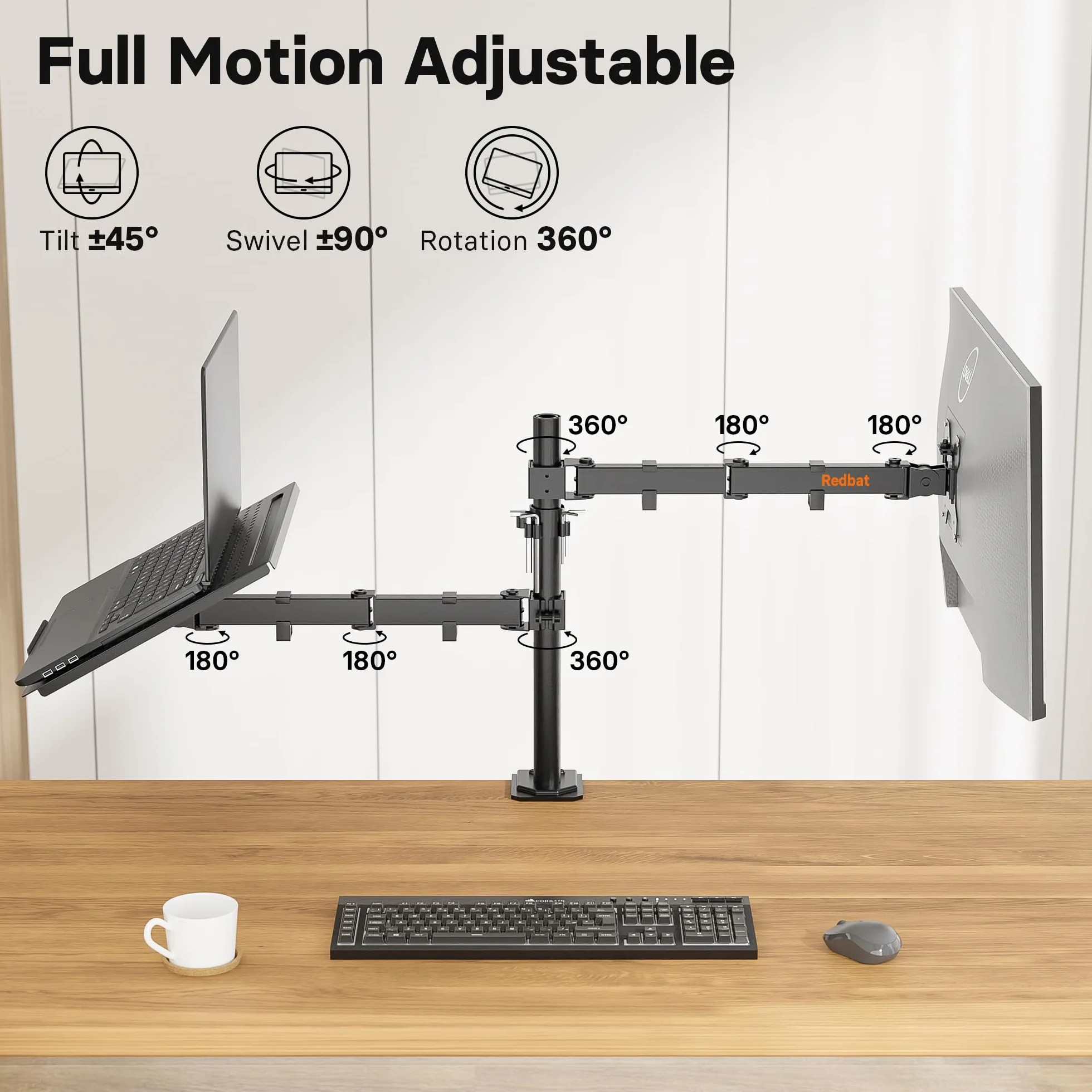 REDBAT Ramię Monitora z Tacą na Laptopa - Regulowane Stojak na 2 Ekrany 13-32" LCD/LED do 8kg, Taca na Laptopa do 16", Nachylenie ±45°, Obrót ±90°, Rotacja 360°, VESA 75x75-100x100mm, 2 Opcje Montażu